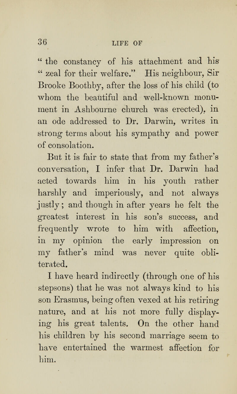 36 LIFE OF  the constancy of his attachment and his  zeal for their welfare. His neighbour, Sir Brooke Boothby, after the loss of his child (to whom the beautiful and well-known monu¬ ment in Ashbourne church was erected), in an ode addressed to Dr. Darwin, writes in strong terms about his sympathy and power of consolation. But it is fair to state that from my father's conversation, I infer that Dr. Darwin had acted towards him in his youth rather harshly and imperiously, and not always justly ; and though in after years he felt the greatest interest in his son's success, and frequently wrote to him with affection, in my opinion the early impression on my father's mind was never quite obli¬ terated. I have heard indirectly (through one of his stepsons) that he was not always kind to his son Erasmus, being often vexed at his retiring nature, and at his not more fully display¬ ing his great talents. On the other hand his children by his second marriage seem to have entertained the warmest affection for him.