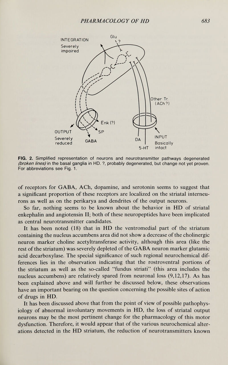 PHARMACOLOGY OF HD 683 FIG. 2. Simplified representation of neurons and neurotransmitter pathways degenerated (broken Unes) in the basal ganglia in HD. ?, probably degenerated, but change not yet proven. For abbreviations see Fig. 1. of receptors for GABA, ACh, dopamine, and serotonin seems to suggest that a significant proportion of these receptors are locaUzed on the striatal interneu- rons as well as on the perikarya and dendrites of the output neurons. So far, nothing seems to be known about the behavior in HD of striatal enkephalin and angiotensin II; both of these neuropeptides have been implicated as central neurotransmitter candidates. It has been noted (18) that in HD the ventromedial part of the striatum containing the nucleus accumbens area did not show a decrease of the cholinergic neuron marker choline acetyltransferase activity, although this area (like the rest of the striatum) was severely depleted of the GABA neuron marker glutamic acid decarboxylase. The special significance of such regional neurochemical dif¬ ferences lies in the observation indicating that the rostroventral portions of the striatum as well as the so-called fundus striati (this area includes the nucleus accumbens) are relatively spared from neuronal loss (9,12,17). As has been explained above and will further be discussed below, these observations have an important bearing on the question concerning the possible sites of action of drugs in HD. It has been discussed above that from the point of view of possible pathophys¬ iology of abnormal involuntary movements in HD, the loss of striatal output neurons may be the most pertinent change for the pharmacology of this motor dysfunction. Therefore, it would appear that of the various neurochemical alter¬ ations detected in the HD striatum, the reduction of neurotransmitters known