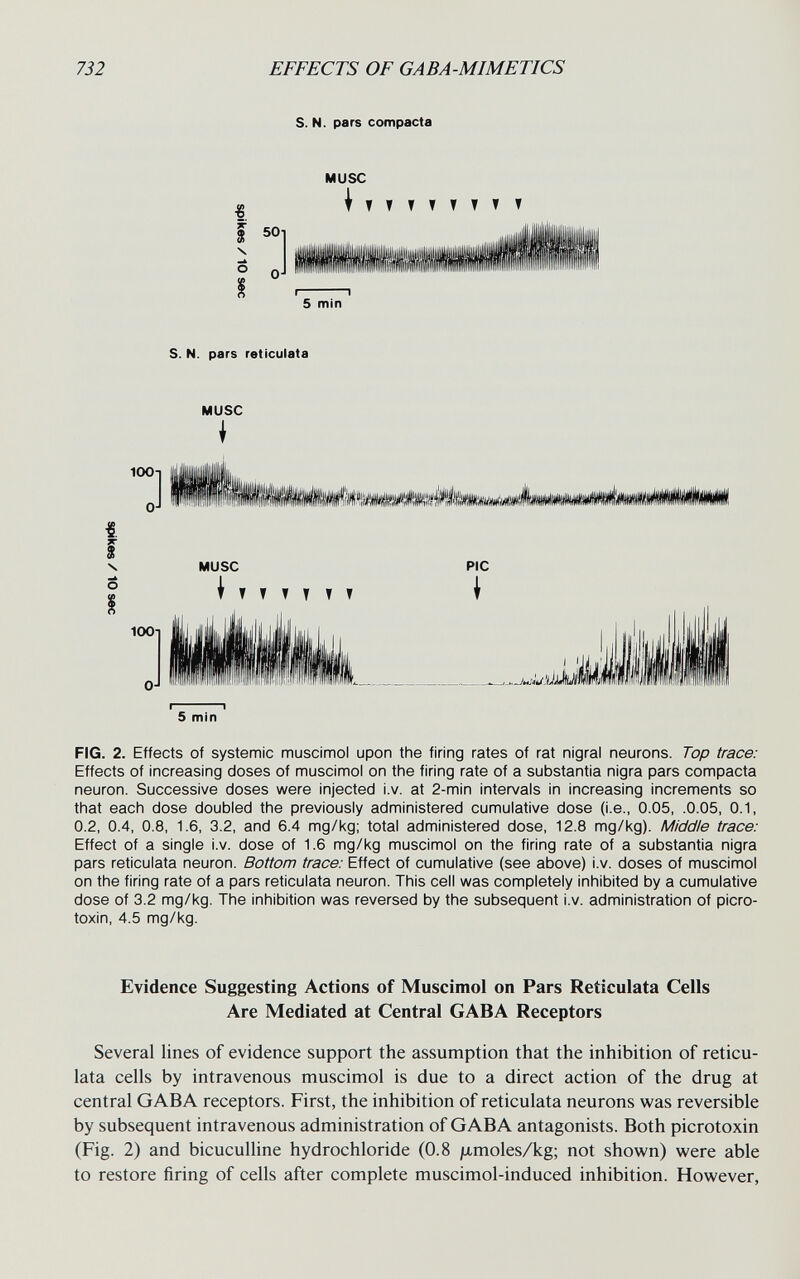 732 EFFECTS OF GABA-MIMETICS s. N. pars compacta MUSC « í ч 50i О- Т Т Т Т Т Т У т 5 min п S. N. pars reticulata MUSC I 100-] O-l I^ÉÉl'IMMÊKléÊi^iKMiâàiMâàâiiàÊàÊiillÊllii N О MUSC I т т т т т т PIC I lOOl ijJi 5 min FIG. 2. Effects of systemic muscimol upon the firing rates of rat nigral neurons. Top trace: Effects of increasing doses of muscimol on the firing rate of a substantia nigra pars compacta neuron. Successive doses were injected l.v. at 2-min intervals in increasing increments so that each dose doubled the previously administered cumulative dose (i.e., 0.05, .0.05, 0.1, 0.2, 0.4, 0.8, 1.6, 3.2, and 6.4 mg/kg; total administered dose, 12.8 mg/kg). Middle trace: Effect of a single i.v. dose of 1.6 mg/kg muscimol on the firing rate of a substantia nigra pars reticulata neuron. Bottom trace: Effect of cumulative (see above) i.v. doses of muscimol on the firing rate of a pars reticulata neuron. This cell was completely inhibited by a cumulative dose of 3.2 mg/kg. The inhibition was reversed by the subsequent i.v. administration of Picro¬ toxin, 4.5 mg/kg. Evidence Suggesting Actions of Muscimol on Pars Reticulata Cells Are Mediated at Central GABA Receptors Several lines of evidence support the assumption that the inhibition of reticu¬ lata cells by intravenous muscimol is due to a direct action of the drug at central GABA receptors. First, the inhibition of reticulata neurons was reversible by subsequent intravenous administration of GABA antagonists. Both picrotoxin (Fig. 2) and bicuculline hydrochloride (0.8 /xmoles/kg; not shown) were able to restore firing of cells after complete muscimol-induced inhibition. However,