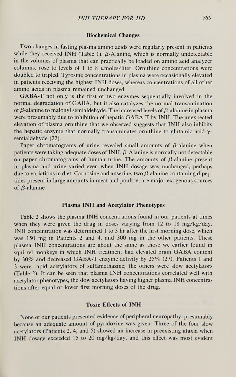 INH THERAPY FOR HD 789 Biochemical Changes Two changes in fasting plasma amino acids were regularly present in patients while they received INH (Table 1). y8-Alanine, which is normally undetectable in the volumes of plasma that can practically be loaded on amino acid analyzer columns, rose to levels of 1 to 8 jixmoles/liter. Ornithine concentrations were doubled to tripled. Tyrosine concentrations in plasma were occasionally elevated in patients receiving the highest INH doses, whereas concentrations of all other amino acids in plasma remained unchanged. GABA-T not only is the first of two enzymes sequentially involved in the normal degradation of GABA, but it also catalyzes the normal transamination of y8-alanine to malonyl semialdehyde. The increased levels of y8-alanine in plasma were presumably due to inhibition of hepatic GABA-T by INH. The unexpected elevation of plasma ornithine that we observed suggests that INH also inhibits the hepatic enzyme that normally transaminates ornithine to glutamic acid-y- semialdehyde (22). Paper chromatograms of urine revealed small amounts of yS-alanine when patients were taking adequate doses of INH. /3-Alanine is normally not detectable on paper chromatograms of human urine. The amounts of y8-alanine present in plasma and urine varied even when INH dosage was unchanged, perhaps due to variations in diet. Carnosine and anserine, two y8-alanine-containing dipep- tides present in large amounts in meat and poultry, are major exogenous sources of /3-alanine. Plasma INH and Acetylator Phenotypes Table 2 shows the plasma INH concentrations found in our patients at times when they were given the drug in doses varying from 12 to 18 mg/kg/day. INH concentration was determined 1 to 3 hr after the first morning dose, which was 150 mg in Patients 2 and 4, and 300 mg in the other patients. These plasma INH concentrations are about the same as those we earlier found in squirrel monkeys in which INH treatment had elevated brain GABA content by 30% and decreased GABA-T enzyme activity by 25% (27). Patients 1 and 3 were rapid acetylators of sulfamethazine; the others were slow acetylators (Table 2). It can be seen that plasma INH concentrations correlated well with acetylator phenotypes, the slow acetylators having higher plasma INH concentra¬ tions after equal or lower first morning doses of the drug. Toxic Effects of INH None of our patients presented evidence of peripheral neuropathy, presumably because an adequate amount of pyridoxine was given. Three of the four slow acetylators (Patients 2, 4, and 5) showed an increase in preexisting ataxia when INH dosage exceeded 15 to 20 mg/kg/day, and this effect was most evident