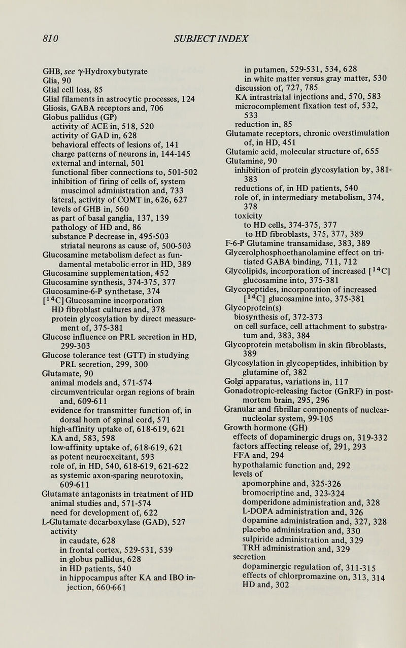 810 SUBJECTINDEX GHB, see 7-Hydroxybutyrate GUa, 90 Glial cell loss, 85 Glial filaments in astrocytic processes, 124 GUosis, GAB A receptors and, 706 Globus pallidus (GP) activity of ACE in, 518, 520 activity of GAD in, 628 behavioral effects of lesions of, 141 charge patterns of neurons in, 144-145 external and internal, 501 functional fiber connections to, 501-502 inhibition of firing of cells of, system muscimol administration and, 733 lateral, activity of COMT in, 626, 627 levels of GHB in, 560 as part of basal ganglia, 137,139 pathology of HD and, 86 substance P decrease in, 495-503 striatal neurons as cause of, 500-503 Glucosamine metabolism defect as fun¬ damental metabolic error in HD, 389 Glucosamine supplementation, 452 Glucosamine synthesis, 374-375, 377 Glucosamine-6-P synthetase, 374 [i^C] Glucosamine incorporation HD fibroblast cultures and, 378 protein glycosylation by direct measure¬ ment of, 375-381 Glucose influence on PRL secretion in HD, 299-303 Glucose tolerance test (GTT) in studying PRL secretion, 299, 300 Glutamate, 90 animal models and, 571-574 circumventricular organ regions of brain and, 609-611 evidence for transmitter function of, in dorsal horn of spinal cord, 571 high-affinity uptake of, 618-619, 621 KA and, 583, 598 low-affinity uptake of, 618-619, 621 as potent neuroexcitant, 593 role of, in HD, 540, 618-619, 621-622 as systemic axon-sparing neurotoxin, 609-611 Glutamate antagonists in treatment of HD animal studies and, 571-574 need for development of, 622 L-Glutamate decarboxylase (GAD), 527 activity in caudate, 628 in frontal cortex, 529-531, 539 in globus pallidus, 628 in HD patients, 540 in hippocampus after KA and IBO in¬ jection, 660-661 in putamen, 529-531, 534, 628 in white matter versus gray matter, 530 discussion of, 727, 785 KA Lntrastriatal injections and, 570, 583 microcomplement fixation test of, 532, 533 reduction in, 85 Glutamate receptors, chronic overstimulation of, in HD, 451 Glutamic acid, molecular structure of, 655 Glutamine, 90 inhibition of protein glycosylation by, 381- 383 reductions of, in HD patients, 540 role of, in intermediary metabolism, 374, 378 toxicity to HD ceUs, 374-375, 377 to HD fibroblasts, 375, 377, 389 F-6-P Glutamine transamidase, 383, 389 Glycerolphosphoethanolamine effect on tri- tiated G AB A binding, 711, 712 Glycolipids, incorporation of increased [^'^C] glucosamine into, 375-381 Glycopeptides, incorporation of increased [I'^C] glucosamine into, 375-381 Glycoprotein(s) biosynthesis of, 372-373 on cell surface, cell attachment to substra¬ tum and,383,384 Glycoprotein metabolism in skin fibroblasts, 389 Glycosylation in glycopeptides, inhibition by glutamine of, 382 Golgi apparatus, variations in, 117 Gonadotropic-releasing factor (GnRF) in post¬ mortem brain, 295, 296 Granular and fibrillar components of nuclear- nucleolar system, 99-105 Growth hormone (GH) effects of dopaminergic drugs on, 319-332 factors affecting release of, 291, 293 FF A and, 294 hypothalamic function and, 292 levels of apomorphine and, 325-326 bromocriptine and, 323-324 domperidone administration and, 328 L-DOPA administration and, 326 dopamine administration and, 327, 328 placebo administration and, 330 sulpiride administration and, 3 29 TRH administration and, 329 secretion dopaminergic regulation of, 311-315 effects of chlorpromazine on, 313, 314 HD and, 302