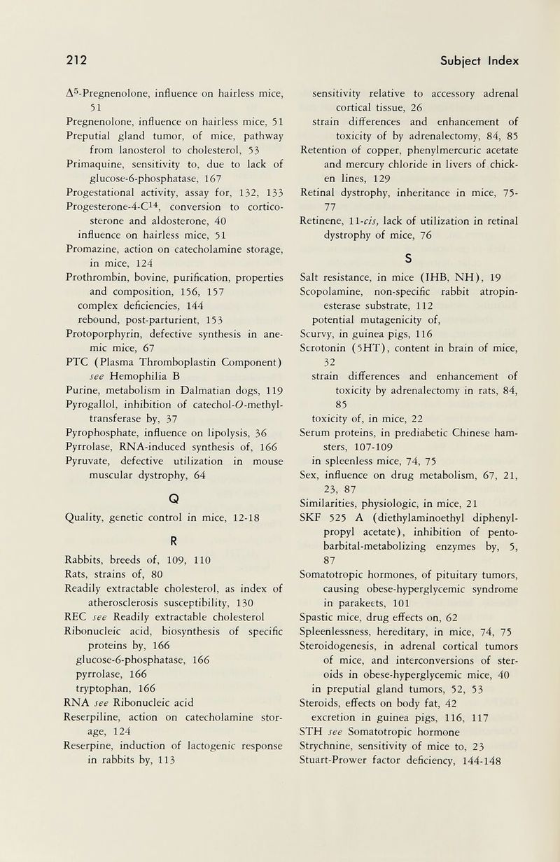 212 Subject Index A^-Pregnenolone, influence on hairless mice, 51 Pregnenolone, influence on hairless mice, 51 Preputial gland tumor, of mice, pathway from lanosterol to cholesterol, 53 Primaquine, sensitivity to, due to lack of glucose-6-phosphatase, 167 Progestational activity, assay for, 132, 133 Progesterone-4-Ci'^, conversion to cortico¬ sterone and aldosterone, 40 influence on hairless mice, 51 Promazine, action on catecholamine storage, in mice, 124 Prothrombin, bovine, purification, properties and composition, 156, 157 complex deficiencies, 144 rebound, post-parturient, 153 Protoporphyrin, defective synthesis in ane¬ mic mice, 67 PTC (Plasma Thromboplastin Component) see Hemophilia В Purine, metabolism in Dalmatian dogs, 119 Pyrogallol, inhibition of catechoI-O-methyl- transferase by, 37 Pyrophosphate, influence on lipolysis, 36 Pyrrolase, RNA-induced synthesis of, 166 Pyruvate, defective utilization in mouse muscular dystrophy, 64 Q Quality, genetic control in mice, 12-18 R Rabbits, breeds of, 109, 110 Rats, strains of, 80 Readily extractable cholesterol, as index of atherosclerosis susceptibility, 130 REC see Readily extractable cholesterol Ribonucleic acid, biosynthesis of specific proteins by, 166 glucose-6-phosphatase, 166 pyrrolase, 166 tryptophan, 166 RNA see Ribonucleic acid Reserpiline, action on catecholamine stor¬ age, 124 Reserpine, induction of lactogenic response in rabbits by, 113 sensitivity relative to accessory adrenal cortical tissue, 26 strain difl^erences and enhancement of toxicity of by adrenalectomy, 84, 85 Retention of copper, phenylmercuric acetate and mercury chloride in livers of chick¬ en lines, 129 Retinal dystrophy, inheritance in mice, 75- 77 Retinene, ll-cis, lack of utilization in retinal dystrophy of mice, 76 S Salt resistance, in mice (IHB, NH), 19 Scopolamine, non-specific rabbit atropin- esterase substrate, 112 potential mutagenicity of. Scurvy, in guinea pigs, 116 Serotonin (5HT), content in brain of mice, 32 strain differences and enhancement of toxicity by adrenalectomy in rats, 84, 85 toxicity of, in mice, 22 Serum proteins, in prediabetic Chinese ham¬ sters, 107-109 in spleenless mice, 74, 75 Sex, influence on drug metabolism, 67, 21, 23, 87 Similarities, physiologic, in mice, 21 SKF 525 A (diethylaminoethyl diphenyl- propyl acetate), inhibition of pento- barbital-metabolizing enzymes by, 5, 87 Somatotropic hormones, of pituitary tumors, causing obese-hyperglycemic syndrome in parakeets, 101 Spastic mice, drug effects on, 62 Spleenlessness, hereditary, in mice, 74, 75 Steroidogenesis, in adrenal cortical tumors of mice, and interconversions of ster¬ oids in obese-hyperglycemic mice, 40 in preputial gland tumors, 52, 53 Steroids, effects on body fat, 42 excretion in guinea pigs, 116, 117 STH see Somatotropic hormone Strychnine, sensitivity of mice to, 23 Stuart-Prower factor deficiency, 144-148