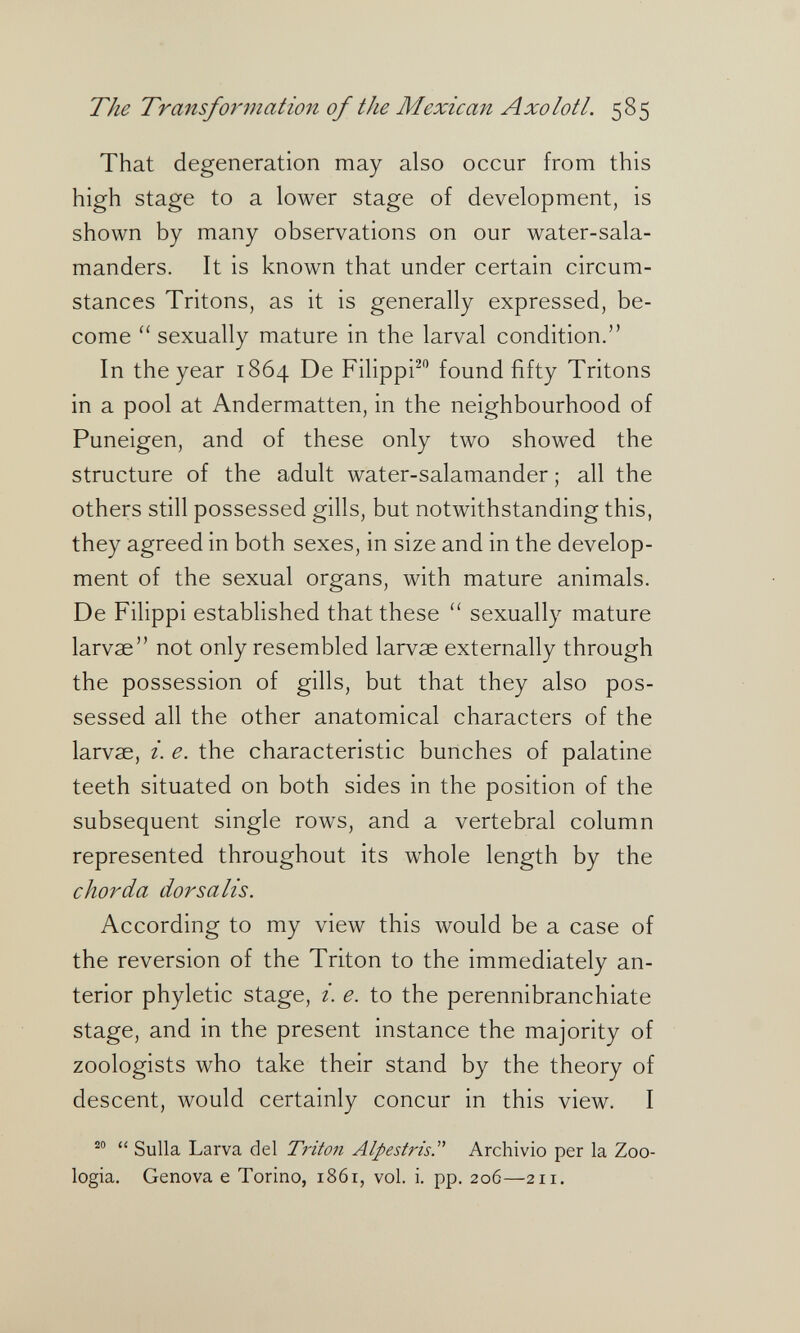 The Transformation of the Mexican Axolotl. 585 That degeneration may also occur from this high stage to a lower stage of development, is shown by many observations on our water-sala¬ manders. It is known that under certain circum¬ stances Tritons, as it is generally expressed, be¬ come  sexually mature in the larval condition. In the year 1864 De Filippi^ found fifty Tritons in a pool at Andermatten, in the neighbourhood of Puneigen, and of these only two showed the structure of the adult water-salamander ; all the others still possessed gills, but notwithstanding this, they agreed in both sexes, in size and in the develop¬ ment of the sexual organs, with mature animals. De Filippi estabhshed that these  sexually mature larvae not only resembled larvae externally through the possession of gills, but that they also pos¬ sessed all the other anatomical characters of the larvae, i. e. the characteristic bunches of palatine teeth situated on both sides in the position of the subsequent single rows, and a vertebral column represented throughout its whole length by the chorda dor salis. According to my view this would be a case of the reversion of the Triton to the immediately an¬ terior phyletic stage, i. e. to the perennibranchiate stage, and in the present instance the majority of zoologists who take their stand by the theory of descent, would certainly concur in this view. I  Sulla Larva del Triton Alpestris. Archivio per la Zoo¬ logia. Genova e Torino, 1861, vol. i. pp. 206—211,