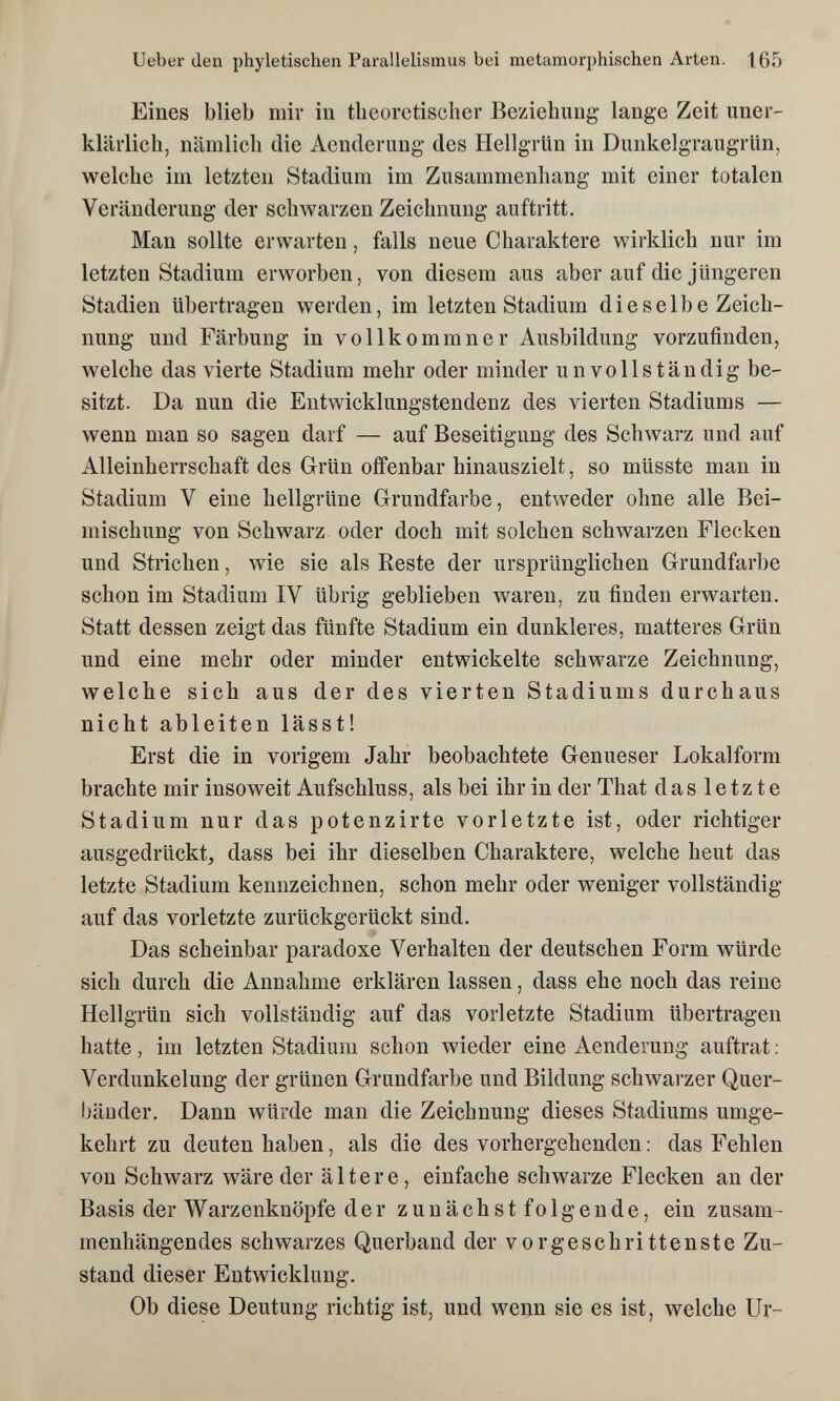 Ueber den phyletischen Parallelismus bei metamorphischen Arten. 165 Eines blieb mir in theoretischer Beziehung lange Zeit uner¬ klärlich, nämlich die Acnderung des Hellgrün in Dunkelgraugrün, welche im letzten Stadium im Zusammenhang mit einer totalen Veränderung der schwarzen Zeichnung auftritt. Man sollte erwarten, falls neue Charaktere wirklich nur im letzten Stadium erworben, von diesem aus aber auf die jüngeren Stadien übertragen werden, im letzten Stadium dieselbe Zeich¬ nung und Färbung in vollkomm ne r Ausbildung vorzufinden, welche das vierte Stadium mehr oder minder unvollständig be¬ sitzt. Da nun die Entwicklungstendenz des vierten Stadiums — wenn man so sagen darf — auf Beseitigung des Schwarz und auf Alleinherrschaft des Grün offenbar hinauszielt, so müsste man in Stadium V eine hellgrüne Grundfarbe, entweder ohne alle Bei¬ mischung von Schwarz oder doch mit solchen schwarzen Flecken und Strichen, wie sie als Reste der ursprünglichen Grundfarbe schon im Stadium IV übrig geblieben waren, zu finden erwarten. Statt dessen zeigt das fünfte Stadium ein dunkleres, matteres Grün und eine mehr oder minder entwickelte schwarze Zeichnung, welche sich aus der des vierten Stadiums durchaus nicht ableiten lässt! Erst die in vorigem Jahr beobachtete Genueser Lokalform brachte mir insoweit Aufschluss, als bei ihr in der That dasletzte Stadium nur das potenzirte vorletzte ist, oder richtiger ausgedrückt, dass bei ihr dieselben Charaktere, welche heut das letzte Stadium kennzeichnen, schon mehr oder weniger vollständig auf das vorletzte zurückgerückt sind. Das scheinbar paradoxe Verhalten der deutschen Form würde sich durch die Annahme erklären lassen, dass ehe noch das reine Hellgrün sich vollständig auf das vorletzte Stadium übertragen hatte, im letzten Stadium schon wieder eine Aenderung auftrat : Verdunkelung der grünen Grundfarbe und Bildung schwarzer Quer- bänder. Dann würde man die Zeichnung dieses Stadiums umge¬ kehrt zu deuten haben, als die des vorhergehenden : das Fehlen von Schwarz wäre der ältere, einfache schwarze Flecken an der Basis der Warzenknöpfe der zunächstfolgende, ein zusam¬ menhängendes schwarzes Querband der vorgeschrittenste Zu¬ stand dieser Entwicklung. Ob diese Deutung richtig ist, und wenn sie es ist, welche Ur-