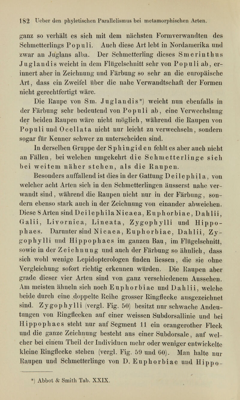 182 Ueber den phyletischen Parallelismus bei metamorphischen Arten. ganz so verhält es sich mit dem nächsten Formverwandten des Schmetterlings Populi. Auch diese Art lebt in Nordamerika und zwar an Juglans alba. Der Schmetterling dieses Smerinthus Juglandis weicht in dem Flligelschnitt sehr von Po pu Ii ab, er¬ innert aber in Zeichnung und Färbung so sehr an die europäische Art, dass ein Zweifel über die nahe Verwandtschaft der Formen nicht gerechtfertigt wäre. Die Каире von Sm. Juglandis*) weicht nun ebenfalls in der Färbung sehr bedeutend von Populi ab, eine VerAvechslung der beiden Raupen wäre nicht möglich, während die Raupen von Populi und Ocellata nicht nur leicht zu verwechseln, sondern sogar für Kenner schwer zu unterscheiden sind. In derselben Gruppe der Sphingiden fehlt es aber auch nicht an Fällen^ bei welchen umgekehrt die Schmetterlinge sich bei weitem näher stehen, als die Raupen. Besonders auffallend ist dies in der Gattung D e i 1 e p h i 1 a, von welcher acht Arten sich in den Schmetterlingen äusserst nahe ver¬ wandt sind, während die Raupen nicht nur in der Färbung, son¬ dern ebenso stark auch in der Zeichnung von einander abweichen. Diese 8 Arten sind DeilephilaNicaea, Euphorbiae, Dahlii, Galii, Livornica, Lineata, Zygophylli und Hippo- phaes. Darunter sind Nicaea, Euphorbiae, Dahlii, Zy¬ gophylli und Hippophaes im ganzen Bau, im Flügelschnitt, sowie in der Zeichnung und auch der Färbung so ähnlich, dass sich wohl wenige Lepidopterologen finden Hessen, die sie ohne Vergleichung sofort richtig erkennen würden. Die Raupen aber grade dieser vier Arten sind von ganz verschiedenem Aussehen. Am meisten ähneln sich noch Euphorbiae und Dahlii, welche beide durch eine doppelte Reihe grosser Ringflecke ausgezeichnet sind. Zygophylli (vergi. Fig. 50) besitzt nur schwache Andeu¬ tungen von Ringflecken auf einer weissen Subdorsallinie und bei Hippophaes steht nur auf Segment 11 ein orangerother Fleck und die ganze Zeichnung besteht aus einer Subdorsale, auf wel¬ cher bei einem Theil der Individuen mehr oder weniger entwickelte kleine Ringflecke stehen (vergi. Fig. 59 und 60). Man halte nur Raupen und Schmetterlinge von D. Euphorbiae und Hippo- *) Abbot & Smith Tab. XXIX.