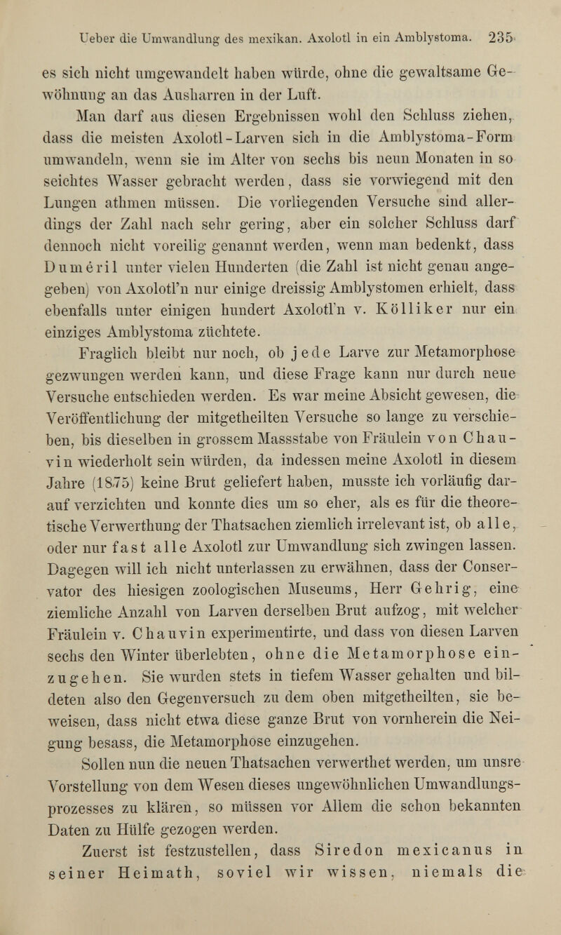 Ueber die Umwandlung des mexikan. Axolotl in ein Amblystoma. 235> es sich nicht umgewandelt haben würde, ohne die gewaltsame Ge¬ wöhnung an das Aushiirren in der Luft. Man darf aus diesen Ergebnissen wohl den Schluss ziehen,, dass die meisten Axolotl - Larven sich in die Amblystoma-Form umwandeln, wenn sie im Alter von sechs bis neun Monaten in so seichtes Wasser gebracht werden, dass sie vorwiegend mit den Lungen athnien müssen. Die vorliegenden Versuche sind aller¬ dings der Zahl nach sehr gering, aber ein solcher Schluss darf dennoch nicht voreilig genannt werden, wenn man bedenkt, dass Duméril unter vielen Hunderten (die Zahl ist nicht genau ange¬ geben) von Axolotl'n nur einige dreissig Amblystomen erhielt, dass ebenfalls unter einigen hundert Axolotl'n v. Kölliker nur ein einziges Amblystoma züchtete. Fraglich bleibt nur noch, ob jede Larve zur Metamorphose gezwungen werden kann, und diese Frage kann nur durch neue Versuche entschieden werden. Es war meine Absicht gewesen, die Veröffentlichung der mitgetheilten Versuche so lange zu verschie¬ ben, bis dieselben in grossem Massstabe von Fräulein von Chau¬ vin wiederholt sein würden, da indessen meine Axolotl in diesem Jahre (18-75) keine Brut geliefert haben, musste ich vorläufig dar¬ auf verzichten und konnte dies um so eher, als es für die theore¬ tische Verwerthung der Thatsachen ziemlich irrelevant ist, ob a 11 e, oder nur fast alle Axolotl zur Umwandlung sich zwingen lassen. Dagegen will ich nicht unterlassen zu erwähnen, dass der Conser¬ vator des hiesigen zoologischen Museums, Herr Gehrig, eine ziemliche Anzahl von Larven derselben Brut aufzog, mit welcher Fräulein V. Chauvin experimentirte, und dass von diesen Larven sechs den Winter überlebten, ohne die Metamorphose ein¬ zugehen. Sie wwden stets in tiefem Wasser gehalten und bil¬ deten also den Gegenversuch zu dem oben mitgetheilten, sie be¬ weisen, dass nicht etwa diese ganze Brut von vornherein die Nei¬ gung besass, die Metamorphose einzugehen. Sollen nun die neuen Thatsachen verwerthet werden, um unsre Vorstellung von dem Wesen dieses ungeAvöhnlichen Umwandlungs¬ prozesses zu klären, so müssen vor Allem die schon bekannten Daten zu Hülfe gezogen werden. Zuerst ist festzustellen, dass Siredon mexicanus in seiner Heimath, soviel wir wissen, niemals die: