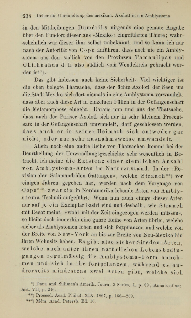 '238 Ueber die Umлvancllung des mexikan. Axolotl in ein Amblystoma. in den Mittheilungen Duméril's nirgends eine genaue Angabe über den Fundort dieser aus »Mexiko« eingeführten Thiere; wahr¬ scheinlich war dieser ihm selbst unbekannt, und so kann ich nur nach der Autorität von Cope anführen, dass noch nie ein Ambly¬ stoma aus den südlich von den Provinzen Tamaulipas und Chilhuahua d. h. also südlich vom Wendekreis gebracht wor¬ den ist ' ). Das gibt indessen auch keine Sicherheit. Viel wichtiger ist die oben belegte Thatsache, dass der ächte Axolotl der Seen um die Stadt Mexiko sich dort niemals in eine Amblystoma verwandelt, dass aber auch diese Art in einzelnen Fällen in der Grefangenschaft die Metamorphose eingeht. Daraus nun und aus der Thatsache, dass auch der Pariser Axolotl sich nur in sehr kleinem Procent¬ satz in der Gefangenschaft umwandelt, darf geschlossen werden, dass auch er in seiner Heimath sich entweder gar nicht, oder nur sehr ausnahmsweise umwandelt. Allein noch eine andre Keihe von Thatsachen kommt bei der Beurtheilung der Umwandlungsgeschichte sehr wesentlich in Be¬ tracht, ich meine die Existenz einer ziemlichen Anzahl von Amblystoma-Arten im Naturzustand. In der »Re¬ vision der Salamandriden-Gattungen«, Avelche Strauch**) vor einigen Jahren gegeben hat, werden nach dem Vorgange von Cope***) zwanzig in Nordamerika lebende Arten von Ambly¬ stoma Tschudi aufgeführt. Wenn nun auch einige dieser Arten nur auf je ein Exemplar basirt sind und deshalb, wie Strauch mit Recht meint, »wohl mit der Zeit eingezogen werden müssenc, so bleibt doch immerhin eine ganze Reihe von Arten übrig, welche sicher als Amblystomen leben und sich fortpflanzen und welche von der Breite von Ne w-York an bis zur Breite von Neu-Mexiko hin ihren Wohnsitz haben. Es gibt also sicher Siredon-Arten, welche auch unter ihren natürlichen Lebensbedin¬ gungen regelmässig die Amblystoma-Form anneh¬ men und sich in ihr fortpflanzen, während es an¬ drerseits mindestens zwei Arten gibt, welche sich *) Dana and Silliman's Araerik. Journ. 3 Series, I. p. 89; Annals of nat. •hist. VII, p. 2J6. **) Proceed. Acad. Philad. XIX, 1867, p. 166—209. ***) Mém. Acad. Petersb. Bd. 16.