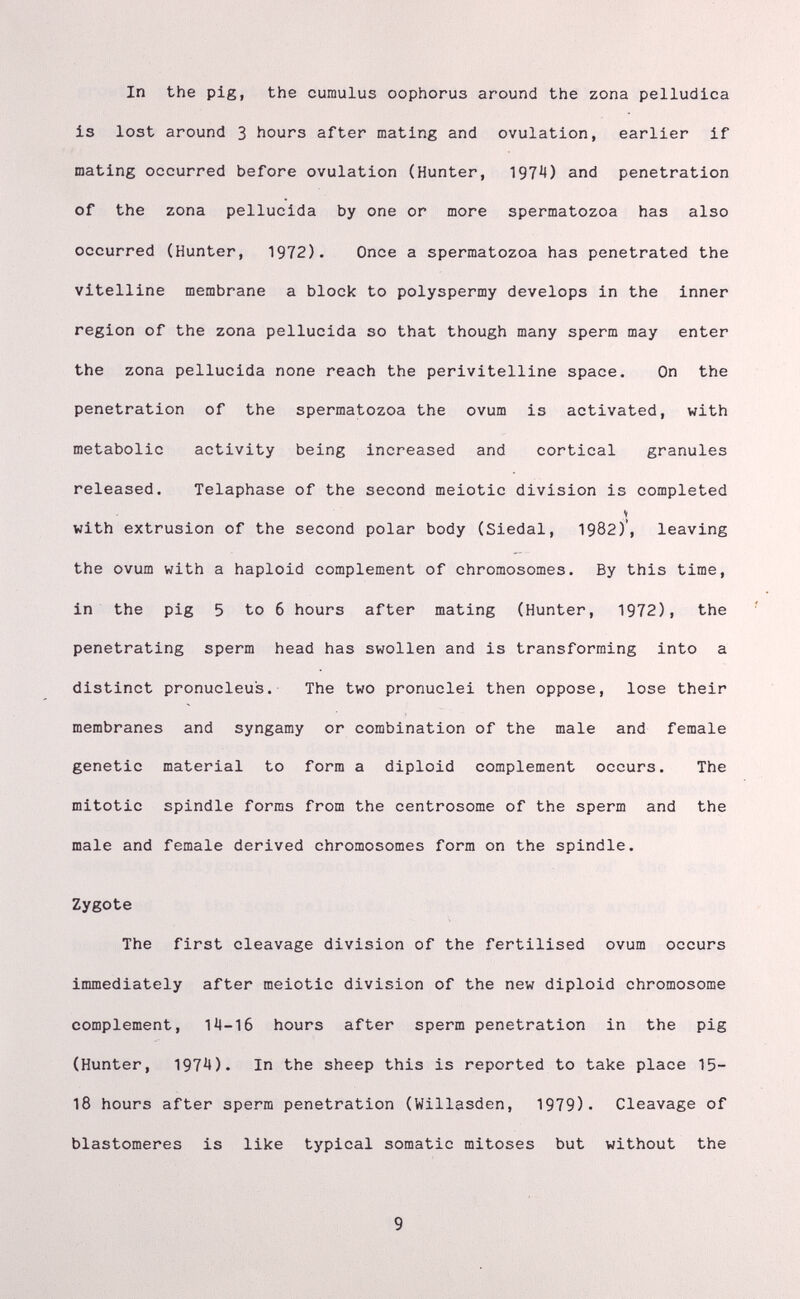 In the pig, the cumulus oophorus around the zona pelludica is lost around 3 hours after mating and ovulation, earlier if mating occurred before ovulation (Hunter, 197^) and penetration of the zona pellucida by one or more spermatozoa has also occurred (Hunter, 1972). Once a spermatozoa has penetrated the vitelline membrane a block to polyspermy develops in the inner region of the zona pellucida so that though many sperm may enter the zona pellucida none reach the perivitelline space. On the penetration of the spermatozoa the ovum is activated, with metabolic activity being increased and cortical granules released. Telaphase of the second meiotic division is completed V with extrusion of the second polar body (Siedal, 1982)', leaving the ovum with a haploid complement of chromosomes. By this time, in the pig 5 to 6 hours after mating (Hunter, 1972), the penetrating sperm head has swollen and is transforming into a distinct pronucleus. The two pronuclei then oppose, lose their membranes and syngamy or combination of the male and female genetic material to form a diploid complement occurs. The mitotic spindle forms from the centrosome of the sperm and the male and female derived chromosomes form on the spindle. Zygote The first cleavage division of the fertilised ovum occurs immediately after meiotic division of the new diploid chromosome complement, 1^1-16 hours after sperm penetration in the pig (Hunter, 197^). In the sheep this is reported to take place IS¬ IS hours after sperm penetration (Willasden, 1979). Cleavage of blastomeres is like typical somatic mitoses but without the 9