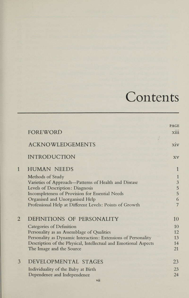 Contents PAGE FOREWORD xiii ACKNOWLEDGEMENTS xiv INTRODUCTION xv 1 HUMAN NEEDS 1 Methods of Study 1 Varieties of Approach—Patterns of Health and Disease 3 Levels of Description : Diagnosis 5 Incompleteness of Provision for Essential Needs 5 Organised and Unorganised Help 6 Professional Help at Different Levels : Points of Growth 7 2 DEFINITIONS OF PERSONALITY 10 Categories of Definition 10 Personality as an Assemblage of Qualities 12 Personality as Dynamic Interaction: Extensions of Personality 13 Description of the Physical, Intellectual and Emotional Aspects 14 The Image and the Source 21 3 DEVELOPMENTAL STAGES 23 Individuality of the Baby at Birth 23 Dependence and Independence 24 vii