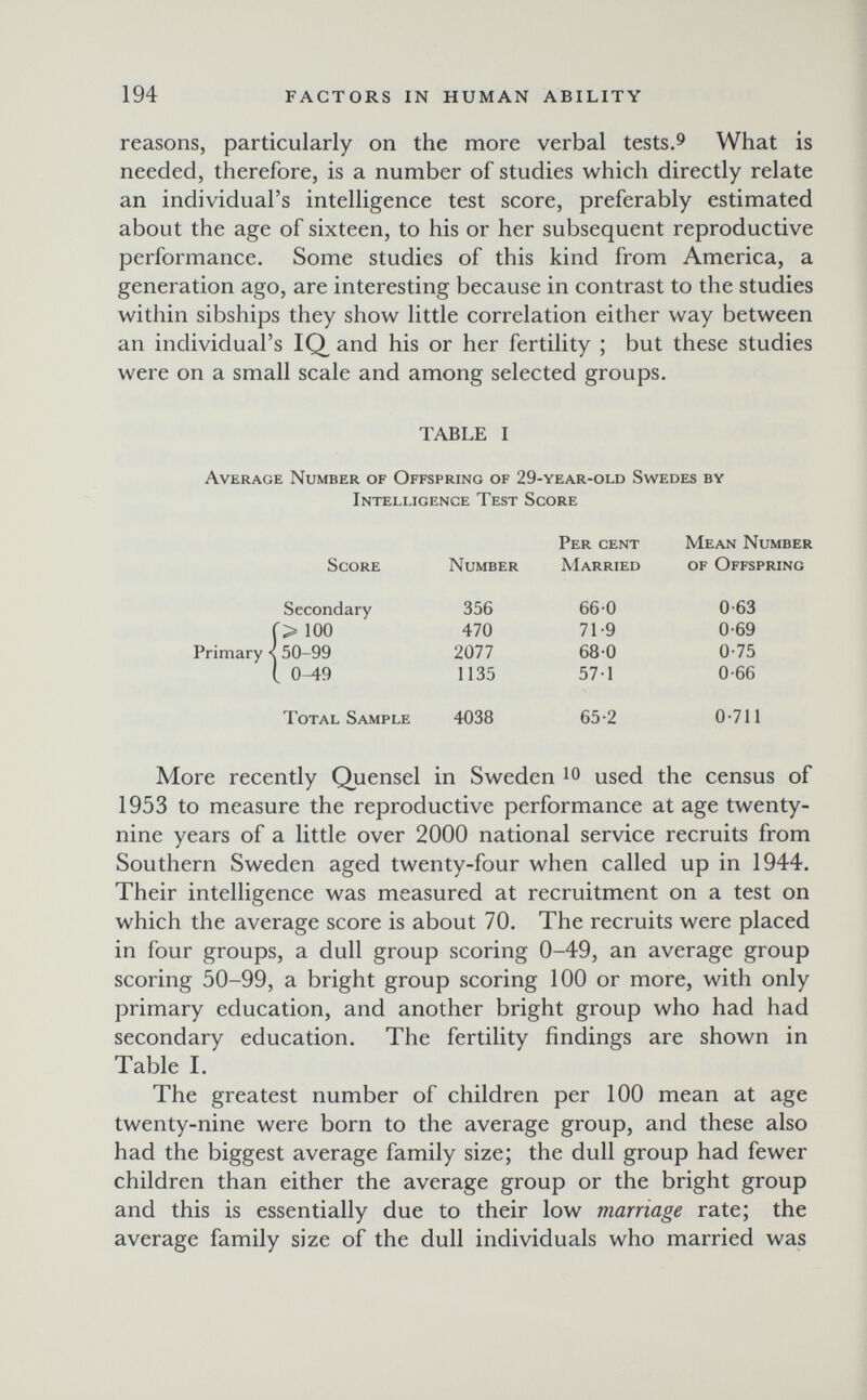194 FACTORS IN HUMAN ABILITY reasons, particularly on the more verbal tests.^ What is needed, therefore, is a number of studies which directly relate an individual's intelligence test score, preferably estimated about the age of sixteen, to his or her subsequent reproductive performance. Some studies of this kind from America, a generation ago, are interesting because in contrast to the studies within sibships they show little correlation either way between an individual's IQ and his or her fertility ; but these studies were on a small scale and among selected groups. TABLE I Average Number of Offspring of 29-year-old Swedes by Intelligence Test Score Per cent Mean Number Score Number Married of Offspring Secondary 356 66-0 0 63 (■> 100 470 71-9 0-69 Primary50-99 2077 68-0 0-75 (. 0-49 1135 57-1 0-66 Total Sample 4038 65-2 0-711 More recently Quensel in Sweden used the census of 1953 to measure the reproductive performance at age twenty- nine years of a little over 2000 national service recruits from Southern Sweden aged twenty-four when called up in 1944. Their intelligence was measured at recruitment on a test on which the average score is about 70. The recruits were placed in four groups, a dull group scoring 0-49, an average group scoring 50-99, a bright group scoring 100 or more, with only primary education, and another bright group who had had secondary education. The fertility findings are shown in Table I. The greatest number of children per 100 mean at age twenty-nine were born to the average group, and these also had the biggest average family size; the dull group had fewer children than either the average group or the bright group and this is essentially due to their low marriage rate; the average family size of the dull individuals who married was