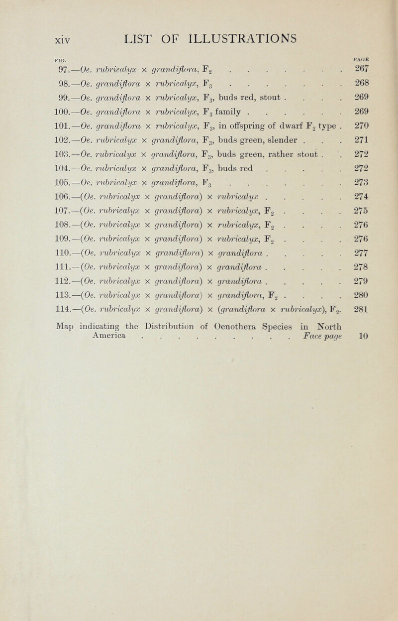 FIG. I'AGE 97.— Oe. rubricalyx x grandiflora, F 2 267 98.—Oe. grandiflora x rubricalyx , F 3 268 99.—Oe. grandiflora x rubricalyx, F 3 , buds red, stout .... 269 100.— Oe. grandiflora x rubricalyx , F 3 family 269 101.— Oe. grandiflora x rubricalyx, F 3 , in offspring of dwarf F 2 type . 270 102.— Oe. rubricalyx x grandiflora , F 3 , buds green, slender . . . 271 103.— Oe. rubricalyx x grandiflora, F 3 , buds green, rather stout . 272 104.—Oe. rubricalyx x grandiflora , F 3 , buds red 272 105.—Oe. rubricalyx x grandiflora , F 3 273 106.—(Oe. rubricalyx x grandiflora ) x rubricalyx 274 107.—(Oe. rubricalyx x grandiflora) x rubricalyx, F 2 . . . . 275 108.—(Oe. rubricalyx x grandiflora) x rubricalyx , F 2 . . . .276 109.—(Oe. rubricalyx x grandiflora) x rubricalyx, F 2 ... . 276 110.—(Oe. rubricalyx x grandiflora) x grandiflora 277 111.—(Oe. rubricalyx x grandiflora) x grandiflora 278 112.—(Oe. rubricalyx x grandiflora) x grandiflora 279 113.—(Oe. 7-ubricalyx x grandiflora) x grandiflora, F., . . . . 280 114.—(Oe. rubricalyx x grandiflora) x ( grandiflora x rubricalyx), F 2 . 281 Map indicating the Distribution of Oenothera Species in North America Face page 10