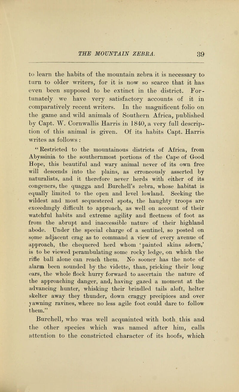 THE MOUNTAIN ZEBRA. 39 to learn the babits of the mountain zebra it is necessary to turn to older writers, for it is now so scarce that it has even been supposed to be extinct in the district. For¬ tunately we have very satisfactory accounts of it in comparatively recent writers. In the magnificent folio on the game and wild animals of Southern Africa, published by Capt. W. Cornwallis Harris in 1840, a very full descrip¬ tion of this animal is given. Of its habits Capt. Harris Av rites as follows : Eestricted to the mountainous districts of Africa, from Abyssinia to the southernmost portions of the Cape of Good Hope, this beautiful and wary animal never of its own free will descends into the plains, as erroneously asserted by naturalists, and it therefore never herds with either of its congeners, the quagga and Burchell's zebra, whose habitat is equally limited to the open and level lovpland. Seeking the wildest and most sequestered spots, the haughty troops are exceedmgly difficult to approach, as well on account of their watchful habits and extreme agility and fleetness of foot as from the abrupt and inaccessible nature of their highland abode. Under the special charge of a sentinel, so posted on some adjacent crag as to command a view of every avenue of approach, the chequered herd whom ' painted skins adorn,' is to be viewed perambulating some rocky ledge, on which the rifle ball alone can reach them. No sooner has the note of alarm been sounded by the vidette, than, pricking their long ears, the whole flock hurry forward to ascertain the nature of the approaching danger, and, having gazed a moment at the advancing hunter, whisking their brindled tails aloft, heiter skelter away they thunder, down craggy precipices and over yawning ravines, where no less agile foot could dare to follow them. Burchell, who was well acquainted with both this and the other species which was named after him, calls attention to the constricted character of its hoofs, which