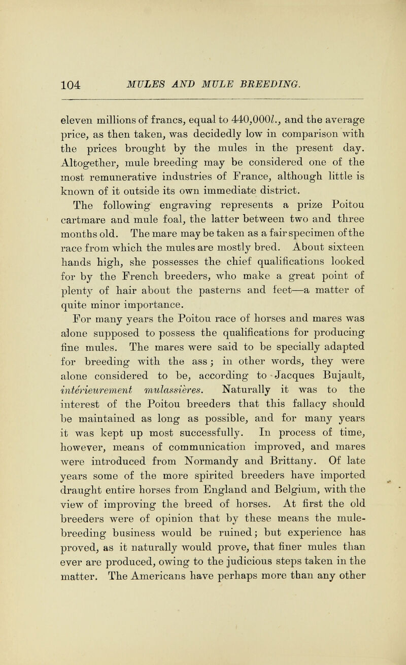 104 MULES AND MULE BREEDING. eleven millions of francs, equal to 440,000/., and the average price, as then taken, was decidedly low in comparison with the prices brought by the mules in the present day. Altogether, mule breeding may be considered one of the most remunerative industries of France, although little is кполуп of it outside its own immediate district. The following engraving represents a prize Poitou cartmare and mule foal, the latter between two and three months old. The mare may be taken as a fair specimen of the race from which the mules are mostly bred. About sixteen hands high, she possesses the chief qualifications looked for by the French breeders, who make a great point of plenty of hair about the pasterns and feet—a matter of quite minor importance. For many years the Poitou race of horses and mares was alone supposed to possess the qualifications for producing fine mules. The mares were said to be specially adapted for breeding with the ass ; in other words, they were alone considered to be, according to - Jacques Bujault, intérieurement mulassières. Naturally it was to the interest of the Poitou breeders that this fallacy should be maintained as long as possible, and for many years it was kept up most successfully. In process of time, however, means of communication improved, and mares луеге introduced from Normandy and Brittany. Of late years some of the more spirited breeders have imported draught entire horses from England and Belgium^ with the view of improving the breed of horses. At first the old breeders were of opinion that by these means the mule- breeding business would be ruined; but experience has proved, as it naturally would prove, that finer mules than ever are produced, owing to the judicious steps taken in the matter. The Americans have perhaps more than any other