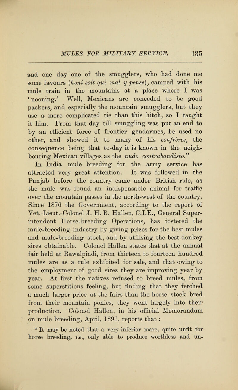MULES FOB MILITARY SERVICE. 135 and one day one of the smugglers, who had done me some favours {honi soit qui mal y pense), camped with his mule train in the mountains at a place where I was ' nooning.' Well, Mexicans are conceded to be good packers, and especially the mountain smugglers, but they use a more complicated tie than this hitch, so I taught it him. From that day till smuggling was put an end to by an efficient force of frontier gendarmes, be used no other, and showed it to many of his confreres, the consequence being that to-day it is known in the neigh¬ bouring Mexican villages as the nudo contrabandisto. In India mule breeding for the army service has attracted very great attention. It was followed in the Punjab before the country came under British rule, as the mule was found an indispensable animal for traffic over the mountain passes in the north-west of the country. Since 1876 the Government, according to the report of Vet.-Lieut.-Colonel J. H. B. Hallen, C.I.B., General Super¬ intendent Horse-breeding Operations, has fostered the mule-breeding industry by giving prizes for the best mules and mule-breeding stock, and by utilising the best donkey sires obtainable. Colonel Hallen states that at the annual fair held at Rawalpindi, from thirteen to fourteen hundred mules are as a rule exhibited for sale, and that owing to the employment of good sires they are improving year by year. At first the natives refused to breed mules, from some superstitious feeling, but finding that they fetched a much larger price at the fairs than the horse stock bred from their mountain ponies, they went largely into their production. Colonel Hallen, in his official Memorandum on mule breeding, April, 1891, reports that :  It may be noted that a very inferior mare, quite unfit for horse breeding, i.e., only able to produce worthless and un-