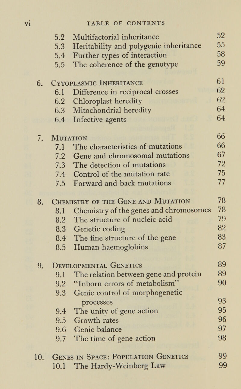 vi TABLE OF CONTENTS 5.2 Multifactorial inheritance 52 5.3 Heritability and polygenic inheritance 55 5.4 Further types of interaction 58 5.5 The coherence of the genotype 59 6. Cytoplasmic Inheritance 61 6.1 Difference in reciprocal crosses 62 6.2 Chloroplast heredity 62 6.3 Mitochondrial heredity 64 6.4 Infective agents 64 7. Mutation 66 7.1 The characteristics of mutations 66 7.2 Gene and chromosomal mutations 67 7.3 The detection of mutations 72 7.4 Control of the mutation rate 75 7.5 Forward and back mutations 77 8. Chemistry of the Gene and Mutation 78 8.1 Chemistry of the genes and chromosomes 78 8.2 The structure of nucleic acid 79 8.3 Genetic coding 82 8.4 The fine structure of the gene 83 8.5 Human haemoglobins 87 9. Developmental Genetics 89 9.1 The relation between gene and protein 89 9.2 Inborn errors of metabolism 90 9.3 Genie control of morphogenetic processes 93 9.4 The unity of gene action 95 9.5 Growth rates 96 9.6 Genie balance 97 9.7 The time of gene action 98 10. Genes in Space: Population Genetics 99 10.1 The Hardy-Weinberg Law 99