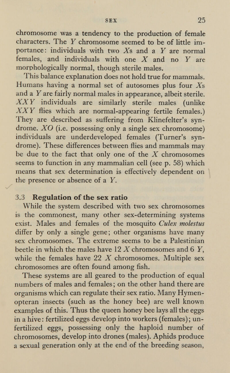 SEX 25 chromosome was a tendency to the production of female characters. The Y chromosome seemed to be of little im¬ portance: individuals with two Xs and a Y are normal females, and individuals with one X and no Y are morphologically normal, though sterile males. This balance explanation does not hold true for mammals. Humans having a normal set of autosomes plus four Xs and a Y are fairly normal males in appearance, albeit sterile. XX Y individuals are similarly sterile males (unlike XXY flies which are normal-appearing fertile females.) They are described as suffering from Klinefelter's syn¬ drome. XO (i.e. possessing only a single sex chromosome) individuals are underdeveloped females (Turner's syn¬ drome). These differences between flies and mammals may be due to the fact that only one of the X chromosomes seems to function in any mammalian cell (see p. 58) which means that sex determination is effectively dependent on the presence or absence of a У. 3.3 Regulation of the sex ratio While the system described with two sex chromosomes is the commonest, many other sex-determining systems exist. Males and females of the mosquito Culex molestus differ by only a single gene; other organisms have many sex chromosomes. The extreme seems to be a Palestinian beetle in which the males have 12 X chromosomes and 6 У, while the females have 22 X chromosomes. Multiple sex chromosomes are often found among fish. These systems are all geared to the production of equal numbers of males and females ; on the other hand there are organisms which can regulate their sex ratio. Many Hymen- opteran insects (such as the honey bee) are well known examples of this. Thus the queen honey bee lays all the eggs in a hive : fertilized eggs develop into workers (females) ; un¬ fertilized eggs, possessing only the haploid number of chromosomes, develop into drones (males). Aphids produce a sexual generation only at the end of the breeding season,