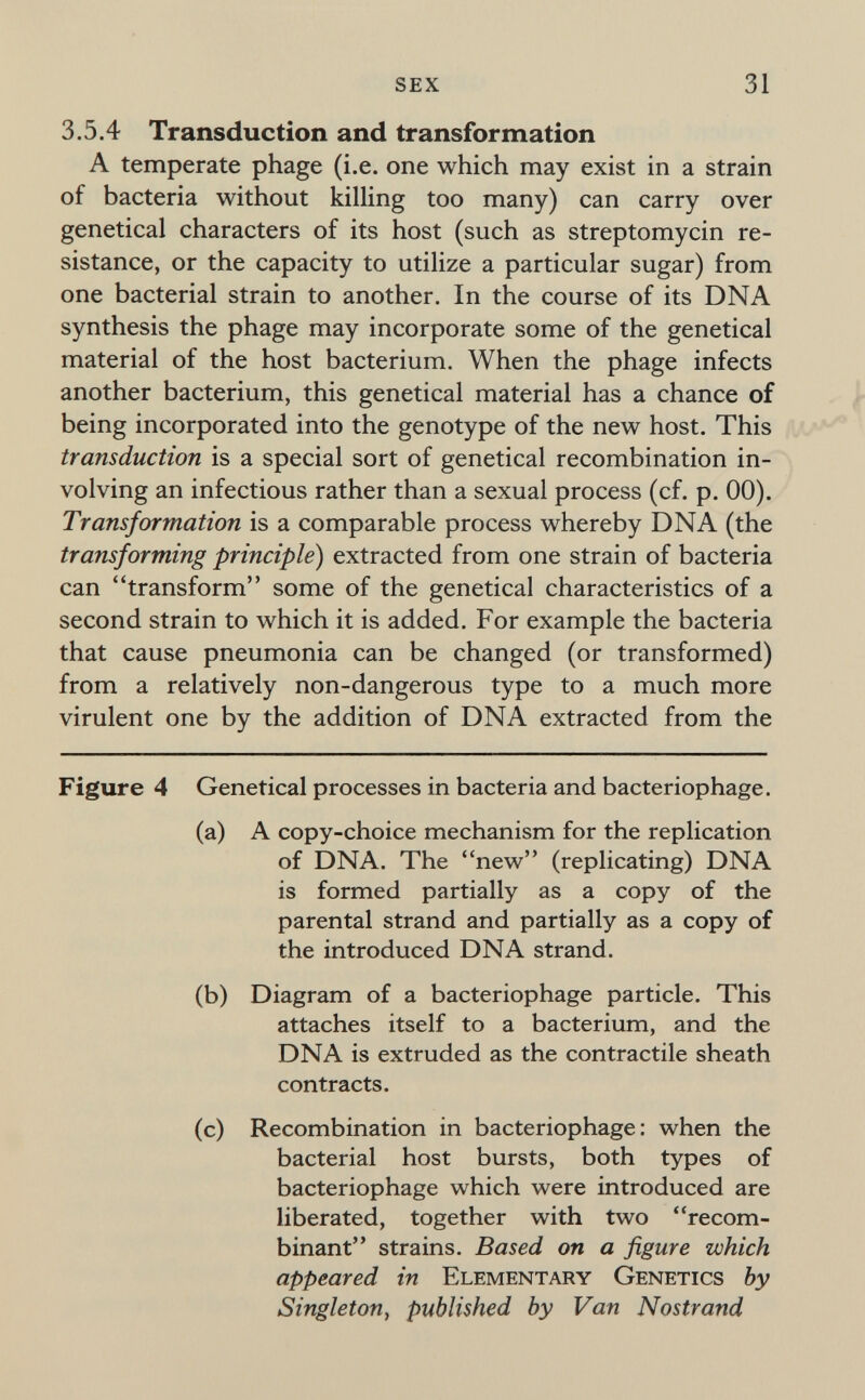 sex 31 3.5.4 Transduction and transformation A temperate phage (i.e. one which may exist in a strain of bacteria without killing too many) can carry over genetical characters of its host (such as streptomycin re¬ sistance, or the capacity to utilize a particular sugar) from one bacterial strain to another. In the course of its DNA synthesis the phage may incorporate some of the genetical material of the host bacterium. When the phage infects another bacterium, this genetical material has a chance of being incorporated into the genotype of the new host. This transduction is a special sort of genetical recombination in¬ volving an infectious rather than a sexual process (cf. p. 00). Transformation is a comparable process whereby DNA (the transforming principle) extracted from one strain of bacteria can transform some of the genetical characteristics of a second strain to which it is added. For example the bacteria that cause pneumonia can be changed (or transformed) from a relatively non-dangerous type to a much more virulent one by the addition of DNA extracted from the Figure 4 Genetical processes in bacteria and bacteriophage. (a) A copy-choice mechanism for the replication of DNA. The new (replicating) DNA is formed partially as a copy of the parental strand and partially as a copy of the introduced DNA strand. (b) Diagram of a bacteriophage particle. This attaches itself to a bacterium, and the DNA is extruded as the contractile sheath contracts. (c) Recombination in bacteriophage: when the bacterial host bursts, both types of bacteriophage which were introduced are liberated, together with two recom¬ binant strains. Based on a figure which appeared in Elementary Genetics by Singleton, published by Van Nostrand