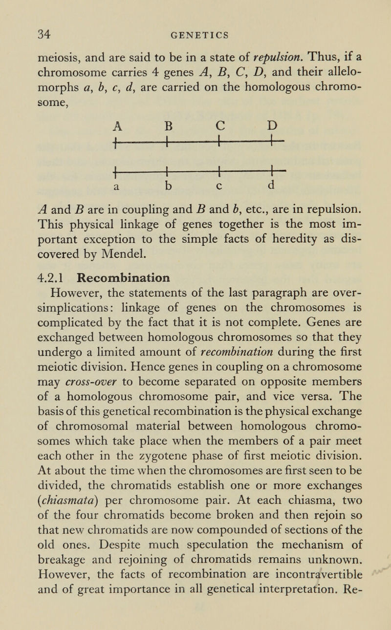 34 GENETICS meiosis, and are said to be in a state of repulsion. Thus, if a chromosome carries 4 genes A, B, C, D, and their allelo¬ morphs a, b, c, d, are carried on the homologous chromo¬ some, A В С D abed A and В are in coupling and В and b, etc., are in repulsion. This physical linkage of genes together is the most im¬ portant exception to the simple facts of heredity as dis¬ covered by Mendel. 4.2.1 Recombination However, the statements of the last paragraph are over- simplications : linkage of genes on the chromosomes is complicated by the fact that it is not complete. Genes are exchanged between homologous chromosomes so that they undergo a limited amount of recombination during the first meiotic division. Hence genes in coupling on a chromosome may cross-over to become separated on opposite members of a homologous chromosome pair, and vice versa. The basis of this genetical recombination is the physical exchange of chromosomal material between homologous chromo¬ somes which take place when the members of a pair meet each other in the zygotene phase of first meiotic division. At about the time when the chromosomes are first seen to be divided, the chromatids establish one or more exchanges {chiasmata) per chromosome pair. At each chiasma, two of the four chromatids become broken and then rejoin so that new chromatids are now compounded of sections of the old ones. Despite much speculation the mechanism of breakage and rejoining of chromatids remains unknown. However, the facts of recombination are incontravertible and of great importance in all genetical interpretation. Re-