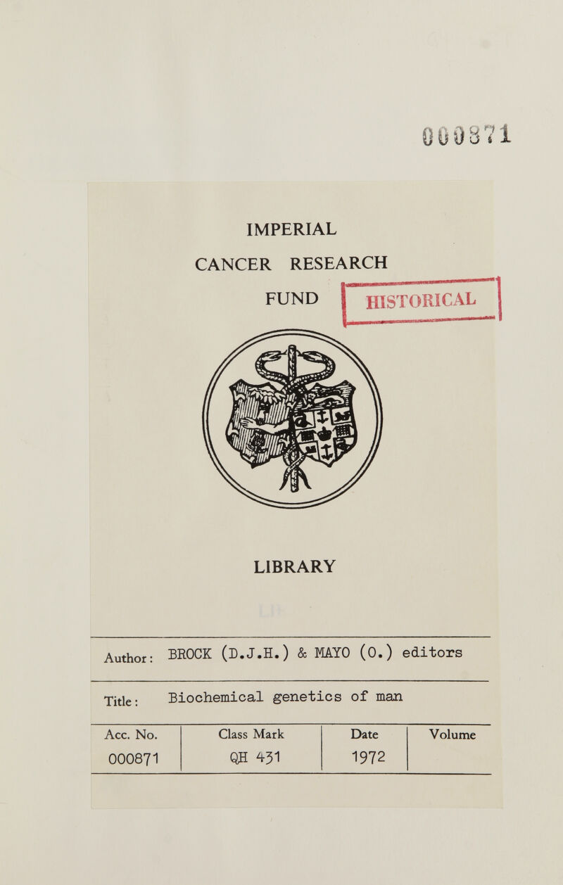 000871 IMPERIAL CANCER RESEARCH LIBRARY Authot; BROCK (B.J.H.) & MATO (O.) editors Biochemical genetics of man