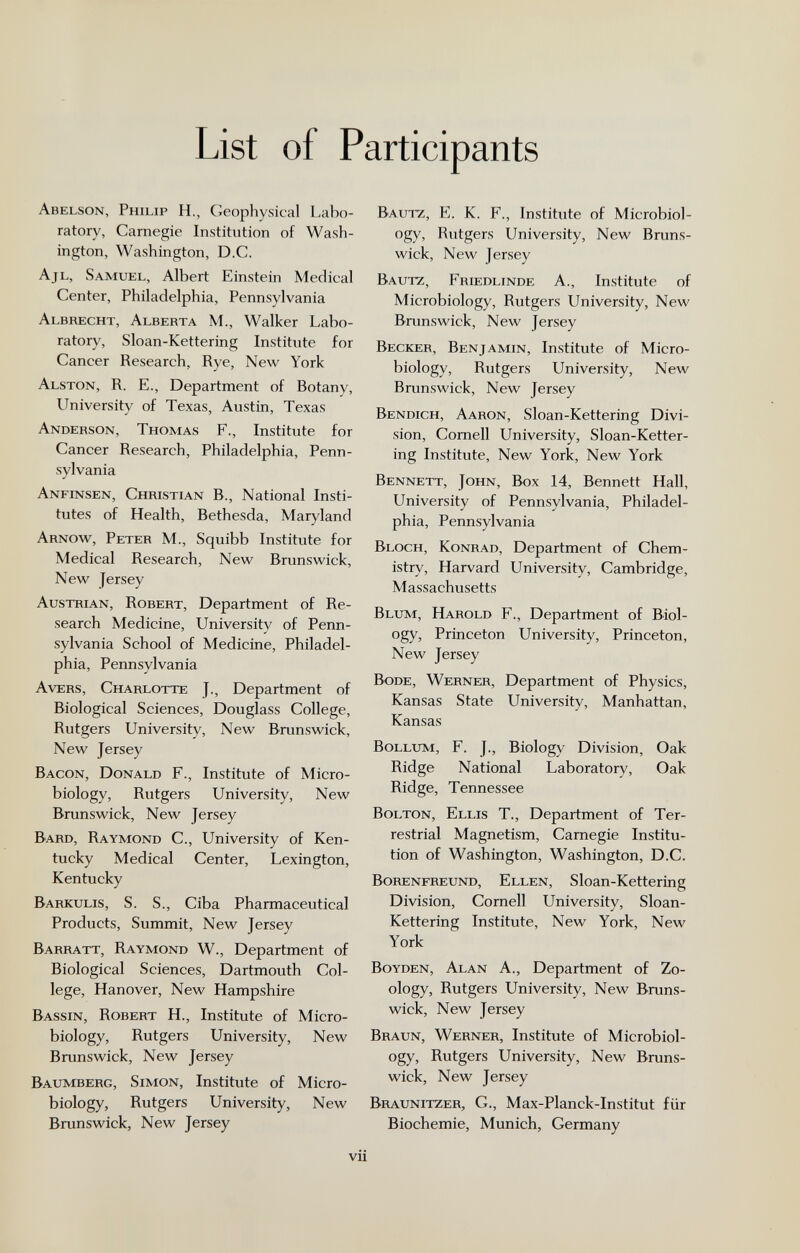 List of Participants Abelson, Philip H., Geophysical Labo¬ ratory, Carnegie Institution of Wash¬ ington, Washington, D.C. Ajl, Samuel, Albert Einstein Medical Center, Philadelphia, Pennsylvania Albrecht, Alberta M., Walker Labo¬ ratory, Sloan-Kettering Institute for Cancer Research, Rye, New York Alston, R. E., Department of Botany, University of Texas, Austin, Texas Anderson, Thomas F., Institute for Cancer Research, Philadelphia, Penn¬ sylvania Anfinsen, Christian В., National Insti¬ tutes of Health, Bethesda, Maryland Arnow, Peter M., Squibb Institute for Medical Research, Nevi' Brunswick, New Jersey Austrian, Robert, Department of Re¬ search Medicine, University of Penn¬ sylvania School of Medicine, Philadel¬ phia, Pennsylvania Avers, Charlotte J., Department of Biological Sciences, Douglass College, Rutgers University, New Brunswick, New Jersey Bacon, Donald F., Institute of Micro¬ biology, Rutgers University, New Brunswick, New Jersey Bard, Raymond C., University of Ken¬ tucky Medical Center, Lexington, Kentucky Barkulis, S. S., Ciba Pharmaceutical Products, Summit, New Jersey Barratt, Raymond W., Department of Biological Sciences, Dartmouth Col¬ lege, Hanover, New Hampshire Bassin, Robert H., Institute of Micro¬ biology, Rutgers University, New Brunswick, New Jersey Baumberg, Simon, Institute of Micro¬ biology, Rutgers University, New Brunswick, New Jersey Bautz, E. K. f., Institute of Microbiol¬ ogy, Rutgers University, New Bruns¬ wick, New jersey Bautz, Friedlinde A., Institute of Microbiology, Rutgers University, New Brunswick, New Jersey Becker, Benjamin, Institute of Micro¬ biology, Rutgers University, New Brunswick, New Jersey Bendich, Aaron, Sloan-Kettering Divi¬ sion, Cornell University, Sloan-Ketter¬ ing Institute, New York, New York Bennett, John, Box 14, Bennett Hall, University of Pennsylvania, Philadel¬ phia, Pennsylvania Bloch, Konrad, Department of Chem¬ istry, Harvard University, Cambridge, Massachusetts Blum, Harold F., Department of Biol¬ ogy, Princeton University, Princeton, New Jersey Bode, Werner, Department of Physics, Kansas State University, Manhattan, Kansas BoLLUTvi, f. J., Biology Division, Oak Ridge National Laboratory, Oak Ridge, Tennessee Bolton, Ellis T., Department of Ter¬ restrial Magnetism, Carnegie Institu¬ tion of Washington, Washington, D.C. Borenfreund, Ellen, Sloan-Kettering Division, Cornell University, Sloan- Kettering Institute, New York, New York Boyden, Alan A., Department of Zo¬ ology, Rutgers University, New Bruns¬ wick, New Jersey Braun, Werner, Institute of Microbiol¬ ogy, Rutgers University, New Bruns¬ wick, New Jersey Braunitzer, G., Max-Planck-Institut für Biochemie, Munich, Germany vii