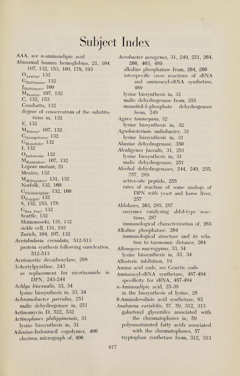 Subject Index AAA, see a-aminoadipic acid Abnormal human hemoglobins, 21, 104, 107, 132, 153, 160, 178, 193 ^Arabia' ^Baltimore' 1^2 JBaltimore' 1^0 MBoston' 107, 132 C, 132, 153 Coushatta, 132 degree of conservatism of the substitu¬ tions in, 132 E, 132 Мешогу> 107, 132 С 1 'Í9 Georgetown' ^Honolulu' 1^^ I, 132 ^Indonesia' 1^^ ^^Kankakee' Ю^, 132 Lepore mutant, 21 Mexico, 132 ^Milwaukee' 1^1' 1^^ Norfolk, 132, 160 ^Philadelphia' 1^^' 1®0 ^Punjab' 1^2 S, 132, 153, 178 ^San Jose' 1^^ Seattle, 132 Shimonoseki, 131, 132 sickle cell, 131, 193 Zurich, 104, 107, 132 Acetabularia crenulata, 512-513 protein synthesis following enucleation, 512-513 Acetoacetic decarboxylase, 288 3-Acetylpyridine, 243 as replacement for nicotinamide in DPN, 243-244 Achlya bisexualis, 33, 34 lysine biosynthesis in, 33, 34 Achromobacter parvulus, 251 malic dehydrogenase in, 251 Actinomycin D, 522, 532 Actinoplanes philippinensis, 31 lysine biosynthesis in, 31 Adenine-Iodouracil copolymer, 406 electron micrograph of, 406 Aerohacter aerogenes, 31, 249, 251, 264, 266, 463, 489 alkaline phosphatase from, 264, 266 interspecific cross reactions of sRNA and aminoacyl-sRNA synthetase, 489 lysine biosynthesis in, 31 malic dehydrogenase from, 251 mannitol-l-phosphate dehydrogenase from, 249 Agave toumeyana, 32 lysine biosynthesis in, 32 Agrobacterium radiobacter, 31 lysine biosynthesis in, 31 Alanine dehydrogenase, 350 Alcaligenes faecalis, 31, 251 lysine biosynthesis in, 31 malic dehydrogenase, 251 Alcohol dehydrogenases, 244, 249, 255, 257, 289 active-site peptide, 255 rates of reaction of some analogs of DPN with yeast and horse liver, 257 Aldolases, 263, 285, 287 enzymes catalyzing aldol-type reac¬ tions, 287 immunological characterization of, 263 Alkaline phosphatase, 264 immunological structure and its rela¬ tion to taxonomic distance, 264 Allomyces macrogynus, 33, 34 lysine biosynthesis in, 33, 34 Allosteric inhibition, 19 Amino acid code, see Genetic code Aminoacyl-sRNA synthetase, 487-494 specificity for sRNA, 487-494 a-Aminoadipic acid, 25-39 in the biosynthesis of lysine, 28 6-Aminolevulinic acid synthetase, 83 Anahaena variabilis, 57, 59, 312, 313 galactosyl glycerides associated with the chromatophores in, 59 polyunsaturated fatty acids associated with the chromatophores, 57 tryptophan synthetase from, 312, 313 617