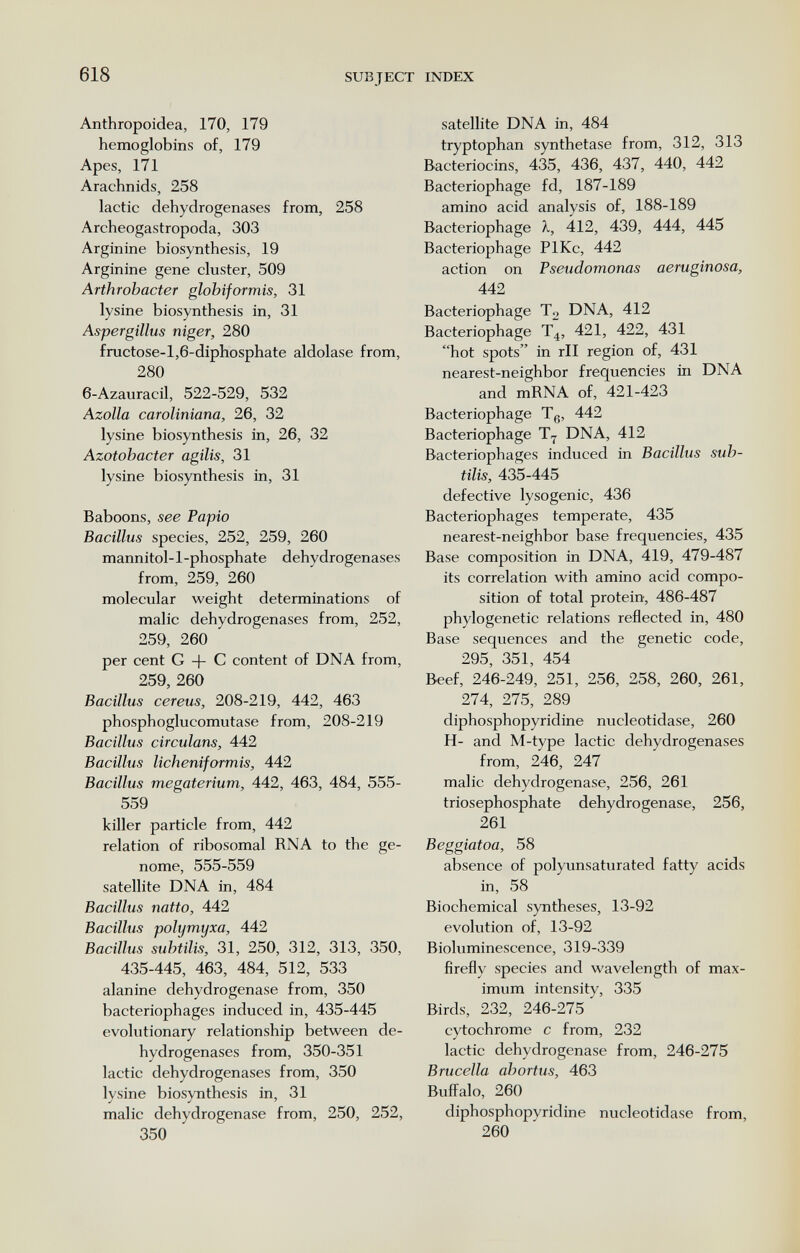 618 SUBJECT INDEX Anthropoidea, 170, 179 hemoglobins of, 179 Apes, 171 Arachnids, 258 lactic dehydrogenases from, 258 Archeogastropoda, 303 Arginine biosynthesis, 19 Arginine gene cluster, 509 Arthrobacter globiformis, 31 lysine biosynthesis in, 31 Aspergillus niger, 280 fructose-l,6-diphosphate aldolase from, 280 6-Azauracil, 522-529, 532 Azolla caroliniana, 26, 32 lysine biosynthesis in, 26, 32 Azotobacter agilis, 31 lysine biosynthesis in, 31 Baboons, see Papio Bacillus species, 252, 259, 260 mannitol-l-phosphate dehydrogenases from, 259, 260 molecular weight determinations of malic dehydrogenases from, 252, 259, 260 per cent G + С content of DNA from, 259, 260 Bacillus cereus, 208-219, 442, 463 phosphoglucomutase from, 208-219 Bacillus circulans, 442 Bacillus licheniformis, 442 Bacillus megaterium, 442, 463, 484, 555- 559 killer particle from, 442 relation of ribosomal RNA to the ge¬ nome, 555-559 satellite DNA in, 484 Bacillus natto, 442 Bacillus polymyxa, 442 Bacillus subtilis, 31, 250, 312, 313, 350, 435-445, 463, 484, 512, 533 alanine dehydrogenase from, 350 bacteriophages induced in, 435-445 evolutionary relationship between de¬ hydrogenases from, 350-351 lactic dehydrogenases from, 350 lysine biosynthesis in, 31 malic dehydrogenase from, 250, 252, 350 satellite DNA in, 484 tryptophan synthetase from, 312, 313 Bacteriocins, 435, 436, 437, 440, 442 Bacteriophage fd, 187-189 amino acid analysis of, 188-189 Bacteriophage X, 412, 439, 444, 445 Bacteriophage PlKc, 442 action on Pseudomonas aeruginosa, 442 Bacteriophage T2 DNA, 412 Bacteriophage T4, 421, 422, 431 hot spots in rll region of, 431 nearest-neighbor frequencies in DNA and mRNA of, 421-423 Bacteriophage Tg, 442 Bacteriophage DNA, 412 Bacteriophages induced in Bacillus sub¬ tilis, 435-445 defective lysogenic, 436 Bacteriophages temperate, 435 nearest-neighbor base frequencies, 435 Base composition in DNA, 419, 479-487 its correlation with amino acid compo¬ sition of total protein, 486-487 phylogenetic relations reflected in, 480 Base sequences and the genetic code, 295, 351, 454 Beef, 246-249, 251, 256, 258, 260, 261, 274, 275, 289 diphosphopyridine nucleotidase, 260 H- and M-type lactic dehydrogenases from, 246, 247 malic dehydrogenase, 256, 261 trios ephosphate dehydrogenase, 256, 261 Beggiatoa, 58 absence of polyunsaturated fatty acids in, 58 Biochemical syntheses, 13-92 evolution of, 13-92 Bioluminescence, 319-339 firefly species and wavelength of max¬ imum intensity, 335 Birds, 232, 246-275 cytochrome с from, 232 lactic dehydrogenase from, 246-275 Brucella abortus, 463 Buffalo, 260 diphosphopyridine nucleotidase from, 260