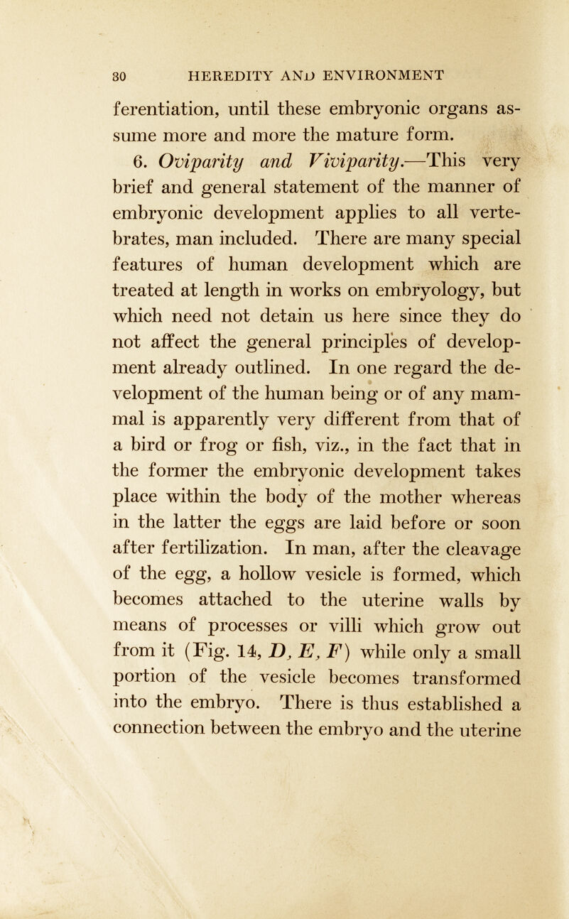 ferentiation, until these embryonic organs as sume more and more the mature form. 6. Oviparity and Viviparity .—This very brief and general statement of the manner of embryonic development applies to all verte brates, man included. There are many special features of human development which are treated at length in works on embryology, but which need not detain us here since they do not affect the general principles of develop ment already outlined. In one regard the de velopment of the human being or of any mam mal is apparently very different from that of a bird or frog or fish, viz., in the fact that in the former the embryonic development takes place within the body of the mother whereas in the latter the eggs are laid before or soon after fertilization. In man, after the cleavage of the egg, a hollow vesicle is formed, which becomes attached to the uterine walls by means of processes or villi which grow out from it (Fig. 14, D, E, F) while only a small portion of the vesicle becomes transformed into the embryo. There is thus established a connection between the embryo and the uterine