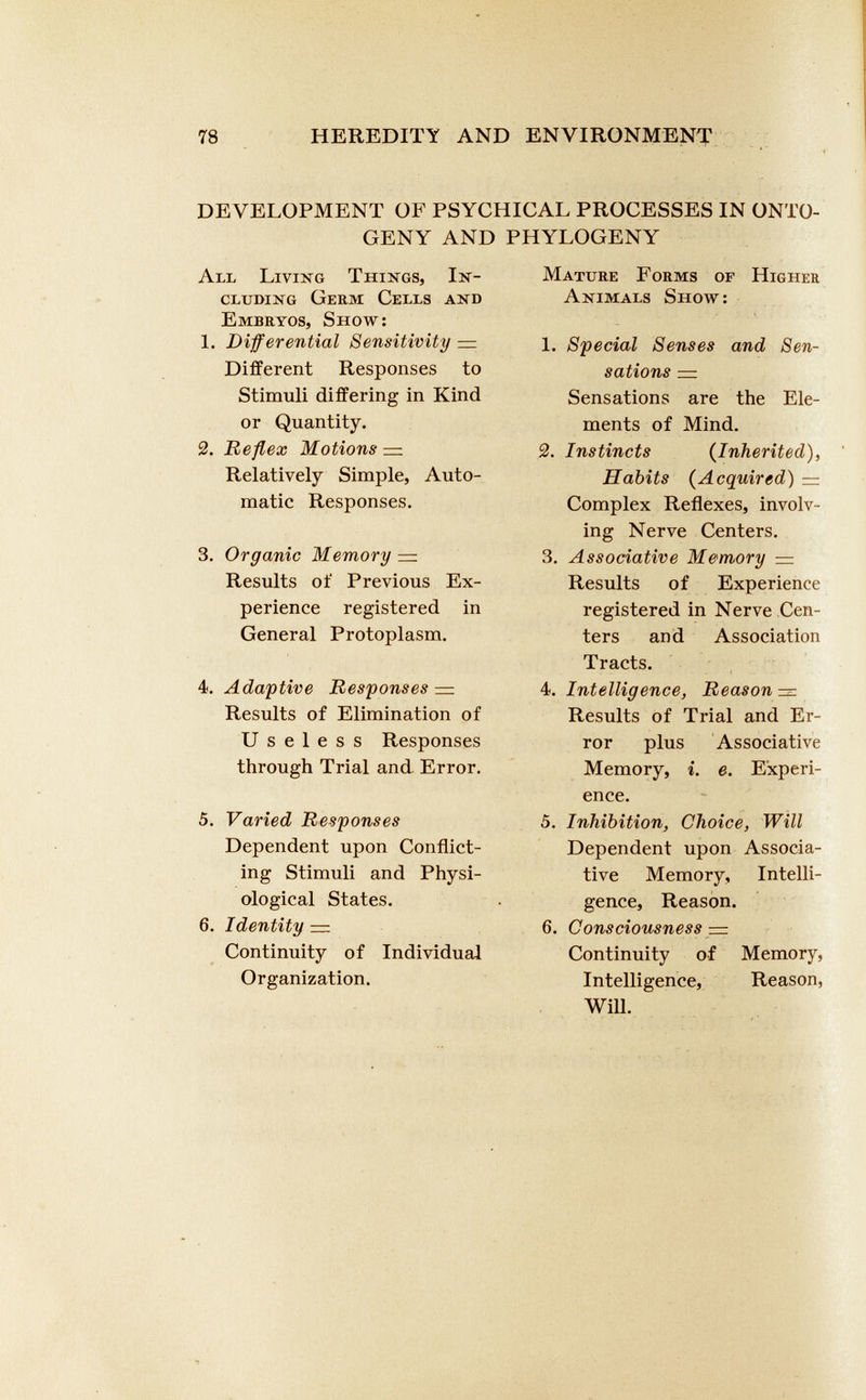 DEVELOPMENT OF PSYCHICAL PROCESSES IN ONTO GENY AND PHYLOGENY All Living Things, In cluding Germ Cells and Embryos, Show: 1. Differential Sensitivity = Different Responses to Stimuli differing in Kind or Quantity. 2. Reflex Motions — Relatively Simple, Auto matic Responses. 3. Organic Memory — Results of Previous Ex perience registered in General Protoplasm. 4. Adaptive Responses — Results of Elimination of Useless Responses through Trial and Error. 5. Varied Responses Dependent upon Conflict ing Stimuli and Physi ological States. 6. Identity — Continuity of Individual Organization. Mature Forms of Higher Animals Show: 1. Special Senses and Sen sations — Sensations are the Ele ments of Mind. 2. Instincts {Inherited), Habits ( Acquired) — Complex Reflexes, involv ing Nerve Centers. 3. Associative Memory — Results of Experience registered in Nerve Cen ters and Association Tracts. 4. Intelligence, Reason = Results of Trial and Er ror plus Associative Memory, i. e. Experi ence. 5. Inhibition, Choice, Will Dependent upon Associa tive Memory, Intelli gence, Reason. 6. Consciousness — Continuity of Memory, Intelligence, Reason, Will.