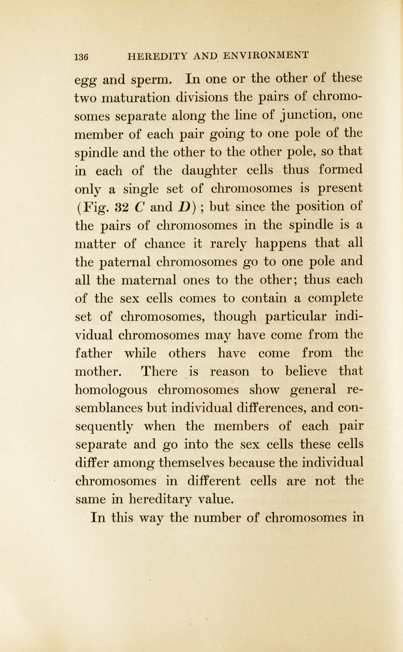 egg and sperm. In one or the other of these two maturation divisions the pairs of chromo somes separate along the line of junction, one member of each pair going to one pole of the spindle and the other to the other pole, so that in each of the daughter cells thus formed only a single set of chromosomes is present (Fig. 32 C and D) ; but since the position of the pairs of chromosomes in the spindle is a matter of chance it rarely happens that all the paternal chromosomes go to one pole and all the maternal ones to the other; thus each of the sex cells comes to contain a complete set of chromosomes, though particular indi vidual chromosomes may have come from the father while others have come from the mother. There is reason to believe that homologous chromosomes show general re semblances but individual differences, and con sequently when the members of each pair separate and go into the sex cells these cells differ among themselves because the individual chromosomes in different cells are not the same in hereditary value. In this way the number of chromosomes in