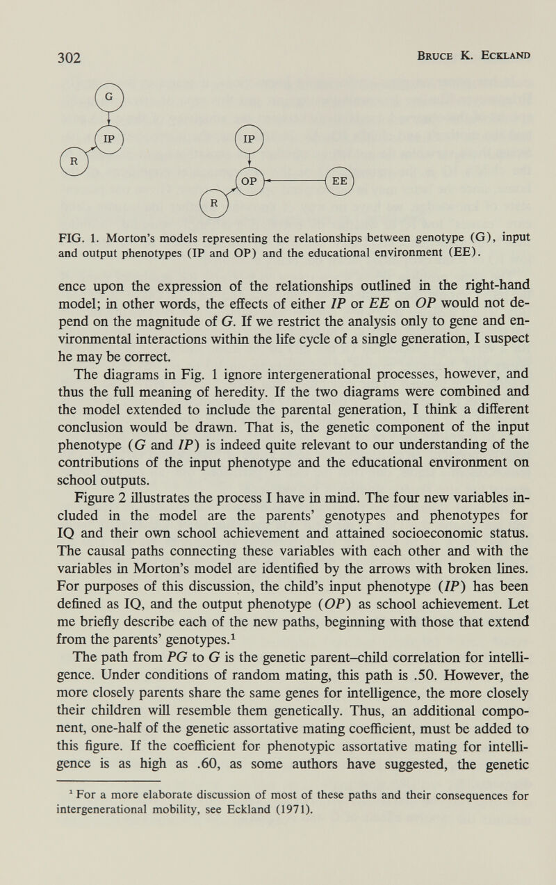 302 Bruce К. Eckland 0 FIG. 1. Morton's models representing the relationships between genotype (G), input and output phenotypes (IP and OP) and the educational environment (EE). enee upon the expression of the relationships outlined in the right-hand model; in other words, the effects of either IP or EE on OP would not de¬ pend on the magnitude of G. If we restrict the analysis only to gene and en¬ vironmental interactions within the life cycle of a single generation, I suspect he may be correct. The diagrams in Fig. 1 ignore intergenerational processes, however, and thus the full meaning of heredity. If the two diagrams were combined and the model extended to include the parental generation, I think a different conclusion would be drawn. That is, the genetic component of the input phenotype (G and IP) is indeed quite relevant to our imderstanding of the contributions of the input phenotype and the educational environment on school outputs. Figure 2 illustrates the process I have in mind. The four new variables in¬ cluded in the model are the parents' genotypes and phenotypes for IQ and their own school achievement and attained socioeconomic status. The causal paths connecting these variables with each other and with the variables in Morton's model are identified by the arrows with broken lines. For purposes of this discussion, the child's input phenotype {IP) has been defined as IQ, and the output phenotype {OP) as school achievement. Let me brieñy describe each of the new paths, beginning with those that extend from the parents' genotypes.^ The path from PG to G is the genetic parent-child correlation for intelli¬ gence. Under conditions of random mating, this path is .50. However, the more closely parents share the same genes for intelligence, the more closely their children wül resemble them genetically. Thus, an additional compo¬ nent, one-half of the genetic assortative mating coefficient, must be added to this figure. If the coefficient for phenotypic assortative mating for intelli¬ gence is as high as .60, as some authors have suggested, the genetic ^ For a more elaborate discussion of most of these paths and their consequences for intergenerational mobility, see Eckland (1971).