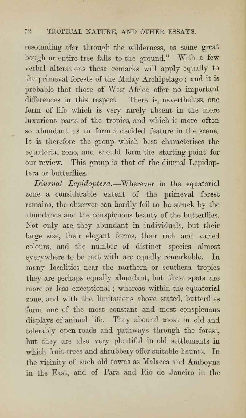 72 TROPICAL NATURE, AND OTHER ESSAYS. resounding afar through the wilderness, as some great bough or entire tree falls to the ground. With a few verbal alterations these remarks will apply equally to the primeval forests of the Malay Archipelago ; and it is probable that those of West Africa offer no important differences in this respect. There is, nevertheless, one form of life which is very rarely absent in the more luxuriant parts of the tropics, and which is more often so abundant as to form a decided feature in the scene. It is therefore the group which best characterises the equatorial zone, and should form the starting-point for our review. This group is that of the diurnal Lepidop- tera or butterflies. Diurnal Lepidottera.—Wherever in the equatorial zone a considerable extent of the primeval forest remains, the observer can hardly fail to be struck by the abundance and the conspicuous beauty of the butterflies. Not only are they abundant in individuals, but their large size, their elegant forms, their rich and varied colours, and the number of distinct species almost everywhere to be met with are equally remarkable. In many localities near the northern or southern tropics they are perhaps equally abundant, but these spots are more or less exceptional ; whereas within the equatorial zone, and with the limitations above stated, butterflies form one of the most constant and most conspicuous displays of animal life. They abound most in old and tolerably open roads and pathways through the forest, but they are also very plentiful in old settlements in which fruit-trees and shrubbery offer suitable haunts. In the vicinity of such old towns as Malacca and Amboyna in the East, and of Para and Eio de Janeiro in the