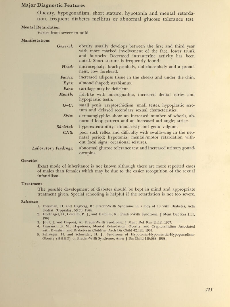 Obesity, hypogonadism, short stature, hypotonia and mental retarda tion, frequent diabetes mellitus or abnormal glucose tolerance test. Mental Retardation Varies from severe to mild. Manifestations General: obesity usually develops between the first and third year with more marked involvement of the face, lower trunk and buttocks. Decreased intrauterine activity has been noted. Short stature is frequently found. Head: microcephaly, brachycephaly, dolichocephaly and a promi nent, low forehead. Facies: increased adipose tissue in the cheeks and under the chin. Eyes: almond shaped; strabismus. Ears: cartilage may be deficient. Mouth: fish-like with micrognathia, increased dental caries and hypoplastic teeth. G-U: small penis, cryptorchidism, small testes, hypoplastic scro tum and delayed secondary sexual characteristics. Skin: dermatoglyphics show an increased number of whorls, ab normal loop pattern and an increased atd angle; striae. Skeletal: hyperextensibility, clinodactyly and genu valgum. CNS: poor suck reflex and difficulty with swallowing in the neo natal period; hypotonia; mental/motor retardation with out focal signs; occasional seizures. Laboratory Findings: abnormal glucose tolerance test and increased urinary gonad otropins. Genetics Exact mode of inheritance is not known although there are more reported cases of males than females which may be due to the easier recognition of the sexual infantilism. Treatment The possible development of diabetes should be kept in mind and appropriate treatment given. Special schooling is helpful if the retardation is not too severe. References 1. Forssman, H. and Hagberg, B.: Prader-Willi Syndrome in a Boy of 10 with Diabetes, Acta Pediat (Uppsala), 53:70, 1964. 2. Hoefnagel, D., Costello, P. J., and Hatoum, K.: Prader-Willi Syndrome, J Ment Def Res 11:1, 1967. 3. Juul, J. and Dupont, A.: Prader-Willi Syndrome, J Ment Def Res 11:12, 1967. 4. Laurance, B. M.: Hypotonia, Mental Retardation, Obesity, and Cryptorchidism Associated with Dwarfism and Diabetes in Children, Arch Dis Child 42:126, 1967. 5. Zellweger, H. and Schneider, H. J.: Syndrome of Hypotonia-Hypomentia-Hypogonadism- Obesity (HHHO) or Prader-Willi Syndrome, Amer J Dis Child 115:588, 1968.