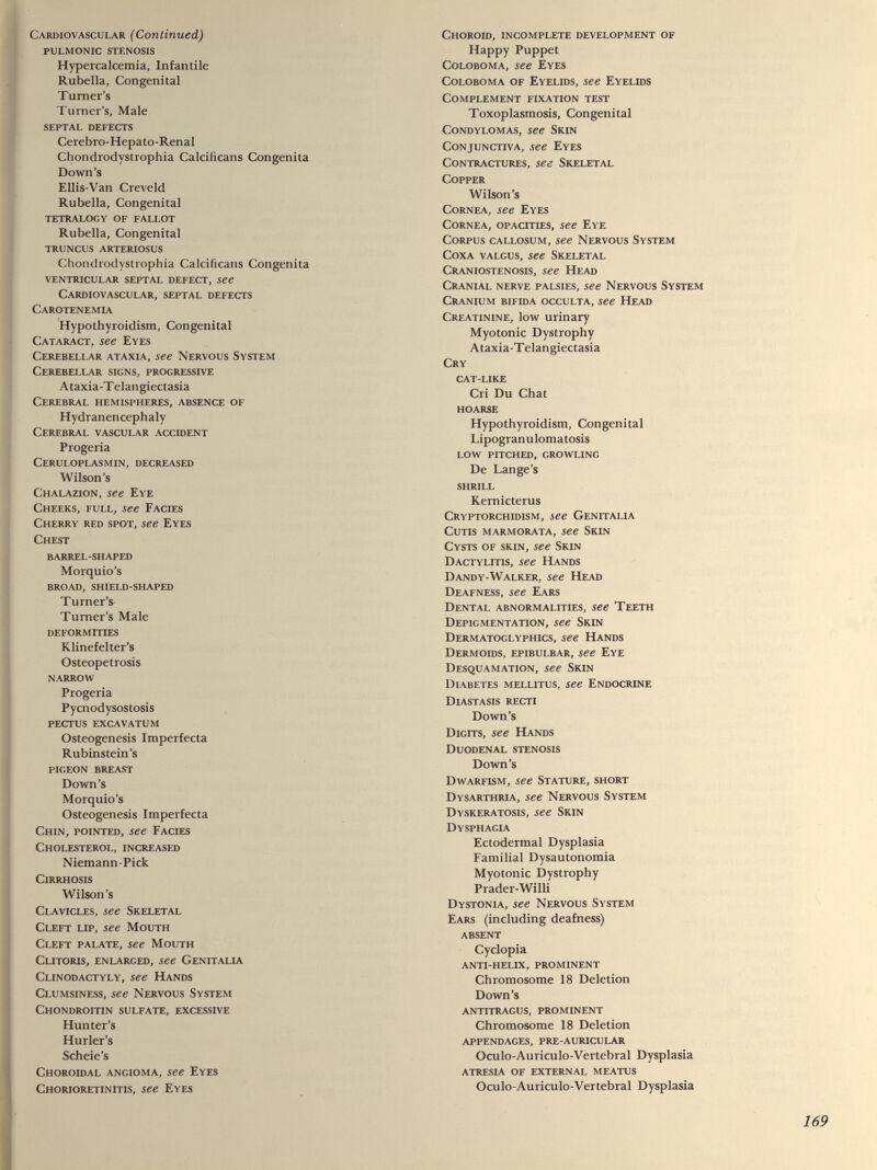 Cardiovascular (Continued) PULMONIC STENOSIS Hypercalcemia, Infantile Rubella, Congenital Turner’s Turner’s, Male SEPTAL DEFECTS Cerebro-Hepato-Renal Chondrodystrophia Calcificans Congenita Down’s Ellis-Van Creveld Rubella, Congenital TETRALOGY OF FALLOT Rubella, Congenital TRUNCUS ARTERIOSUS Chondrodystrophia Calcificans Congenita VENTRICULAR SEPTAL DEFECT, see Cardiovascular, septal defects Carotenemia Hypothyroidism, Congenital Cataract, see Eyes Cerebellar ataxia, see Nervous System Cerebellar signs, progressive Ataxia-Telangiectasia Cerebral hemispheres, absence of Hydranencephaly Cerebral vascular accident Progeria Ceruloplasmin, decreased Wilson’s Chalazion, see Eye Cheeks, full, see Facies Cherry red spot, see Eyes Chest BARREL-SHAPED Morquio’s BROAD, SHIELD-SHAPED Turner’s Turner’s Male deformities Klinefelter’s Osteopetrosis narrow Progeria Pycnodysostosis PECTUS EXCAVATUM Osteogenesis Imperfecta Rubinstein’s pigeon breast Down’s Morquio’s Osteogenesis Imperfecta Chin, pointed, see Facies Cholesterol, increased Niemann-Pick Cirrhosis Wilson’s Clavicles, see Skeletal Cleft lip, see Mouth Cleft palate, see Mouth Clitoris, enlarged, see Genitalia Clinodactyly, see Hands Clumsiness, see Nervous System Chondroitin sulfate, excessive Hunter’s Hurler’s Scheie’s Choroidal angioma, see Eyes Chorioretinitis, see Eyes Choroid, incomplete development of Happy Puppet Coloboma, see Eyes Coloboma of Eyelids, see Eyelids Complement fixation test Toxoplasmosis, Congenital Condylomas, see Skin Conjunctiva, see Eyes Contractures, see Skeletal Copper Wilson’s Cornea, see Eyes Cornea, opacities, see Eye Corpus callosum, see Nervous System Coxa valgus, see Skeletal Craniostenosis, see Head Cranial nerve palsies, see Nervous System Cranium bifida occulta, see Head Creatinine, low urinary Myotonic Dystrophy Ataxia-Telangiectasia Cry cat-like Cri Du Chat HOARSE Hypothyroidism, Congenital Lipogranulomatosis low pitched, growling De Lange’s shrill Kernicterus Cryptorchidism, see Genitalia Cutis marmorata, see Skin Cysts of skin, see Skin Dactylitis, see Hands Dandy-Walker, see Head Deafness, see Ears Dental abnormalities, see Teeth Depigmentation, see Skin Dermatoglyphics, see Hands Dermoids, epibulbar, see Eye Desquamation, see Skin Diabetes mellitus, see Endocrine Diastasis recti D own’s Digits, see Hands Duodenal stenosis D own’s Dwarfism, see Stature, short Dysarthria, see Nervous System Dyskeratosis, see Skin Dysphagia Ectodermal Dysplasia Familial Dysautonomia Myotonic Dystrophy Prader-Willi Dystonia, see Nervous System Ears (including deafness) absent Cyclopia ANTI-HELIX, PROMINENT Chromosome 18 Deletion Down’s ANTITRAGUS, PROMINENT Chromosome 18 Deletion APPENDAGES, PRE-AURICULAR Oculo-Auriculo-Vertebral Dysplasia ATRESIA OF EXTERNAL MEATUS Oculo-Auriculo-Vertebral Dysplasia