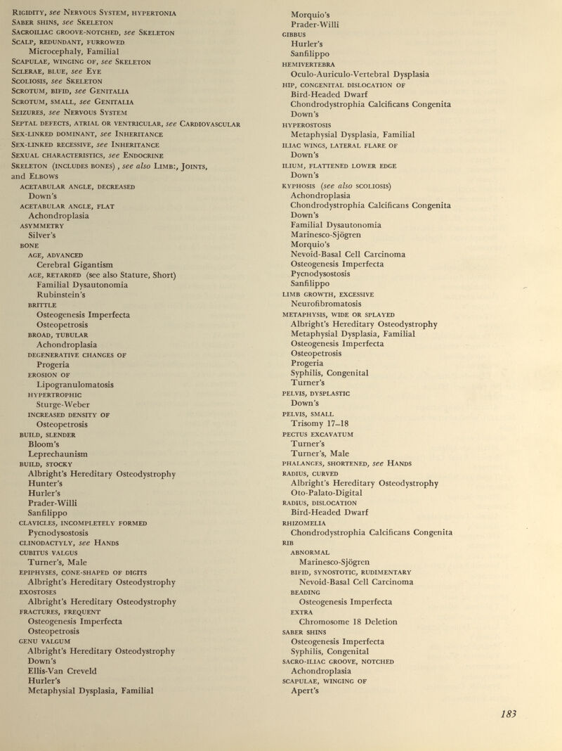 Rigidity, see Nervous System, hypertonia Saber shins, see Skeleton Sacroiliac groove-notched, see Skeleton Scalp, redundant, furrowed Microcephaly, Familial Scapulae, winging of, see Skeleton Sclerae, blue, see Eye Scoliosis, see Skeleton Scrotum, bifid, see Genitalia Scrotum, small, see Genitalia Seizures, see Nervous System Septal defects, atrial or ventricular, see Cardiovascular Sex-linked dominant, see Inheritance Sex-linked recessive, see Inheritance Sexual characteristics, see Endocrine Skeleton (includes bones) , see also Limb:, Joints, and Elbows ACETABULAR ANGLE, DECREASED Down’s ACETABULAR ANGLE, FLAT Achondroplasia ASYMMETRY Silver's BONE AGE, ADVANCED Cerebral Gigantism age, retarded (see also Stature, Short) Familial Dysautonomia Rubinstein’s BRITTLE Osteogenesis Imperfecta Osteopetrosis BROAD, TUBULAR Achondroplasia degenerative changes of Progeria erosion of Lipogranulomatosis hypertrophic Sturge-Weber increased density of Osteopetrosis BUILD, SLENDER Bloom’s Leprechaunism BUILD, STOCKY Albright’s Hereditary Osteodystrophy Hunter’s Hurler’s Prader-Willi Sanfilippo CLAVICLES, INCOMPLETELY FORMED Pycnodysostosis CLINODACTYLY, See HANDS CUBITUS VALGUS Turner’s, Male EPIPHYSES, CONE-SHAPED OF DIGITS Albright’s Hereditary Osteodystrophy EXOSTOSES Albright’s Hereditary Osteodystrophy FRACTURES, FREQUENT Osteogenesis Imperfecta Osteopetrosis GENU VALGUM Albright’s Hereditary Osteodystrophy Down’s Ellis-Van Creveld Hurler’s Metaphysial Dysplasia, Familial Morquio’s Prader-Willi CIBBUS Hurler’s Sanfilippo HEMIVERTEBRA Oculo-Auriculo-Vertebral Dysplasia HIP, CONGENITAL DISLOCATION OF Bird-Headed Dwarf Chondrodystrophia Calcificans Congenita Down’s HYPEROSTOSIS Metaphysial Dysplasia, Familial ILIAC WINGS, LATERAL FLARE OF Down’s ILIUM, FLATTENED LOWER EDGE Down’s kyphosis (see also scoliosis) Achondroplasia Chondrodystrophia Calcificans Congenita Down’s Familial Dysautonomia Marinesco-Sjögren Morquio’s Nevoid-Basal Cell Carcinoma Osteogenesis Imperfecta Pycnodysostosis Sanfilippo limb growth, excessive Neurofibromatosis metaphysis, wide or splayed Albright’s Hereditary Osteodystrophy Metaphysial Dysplasia, Familial Osteogenesis Imperfecta Osteopetrosis Progeria Syphilis, Congenital T urner’s PELVIS, DYSPLASTIC Down’s PELVIS, SMALL Trisomy 17—18 PECTUS EXCAVATUM Turner’s Turner’s, Male PHALANGES, SHORTENED, See HANDS RADIUS, CURVED Albright’s Hereditary Osteodystrophy Oto-Palato-Digital RADIUS, DISLOCATION Bird-Headed Dwarf RHIZOMELIA Chondrodystrophia Calcificans Congenita RIB ABNORMAL M arinesco-Sj ögren BIFID, SYNOSTOTIC, RUDIMENTARY Nevoid-Basal Cell Carcinoma BEADING Osteogenesis Imperfecta EXTRA Chromosome 18 Deletion SABER SHINS Osteogenesis Imperfecta Syphilis, Congenital SACRO-ILIAC CROOVE, NOTCHED Achondroplasia SCAPULAE, WINGING OF Apert’s