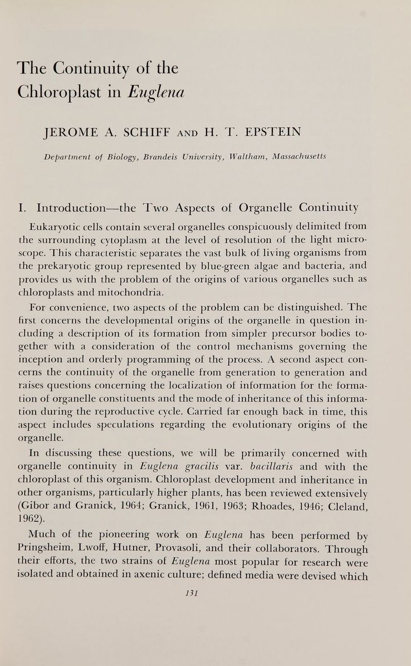 The Continuity of the Chloroplast in Euglena JEROME A. SCHIFF and H. T. EPSTEIN Department of Biology, Brandeis University, Waltham, Massachusetts I. Introduction—the Two Aspects of Organelle Continuity Eukaryotic cells contain several organelles conspicuously delimited from the surrounding cytoplasm at the level of resolution of the light micro¬ scope. This characteristic separates the vast bulk of living organisms from the prekaryotic group represented by blue-green algae and bacteria, and provides us with the problem of the origins of various organelles such as chloroplasts and mitochondria. For convenience, two aspects of the problem can be distinguished. The first concerns the developmental origins of the organelle in question in¬ cluding a description of its formation from simpler precursor bodies to¬ gether with a consideration of the control mechanisms governing the inception and orderly programming of the process. A second aspect con¬ cerns the continuity of the organelle from generation to generation and raises questions concerning the localization of information for the forma¬ tion of organelle constituents and the mode of inheritance of this informa¬ tion during the reproductive cycle. Carried far enough back in time, this aspect includes speculations regarding the evolutionary origins of the organelle. In discussing these questions, we will be primarily concerned with organelle continuity in Euglena gracilis var. hacillaris and with the chloroplast of this organism. Chloroplast development and inheritance in other organisms, particularly higher plants, has been reviewed extensively (Gibor and Granick, 1964; Granick, 1961, 1963; Rhoades, 1946; Cleland, 1962). Much of the pioneering work on Euglena has been performed by Pringsheim, Lwoff, Hutner, Provaseli, and their collaborators. Through their efforts, the two strains of Euglena most popular for research were isolated and obtained in axenic culture; defined media were devised which 131