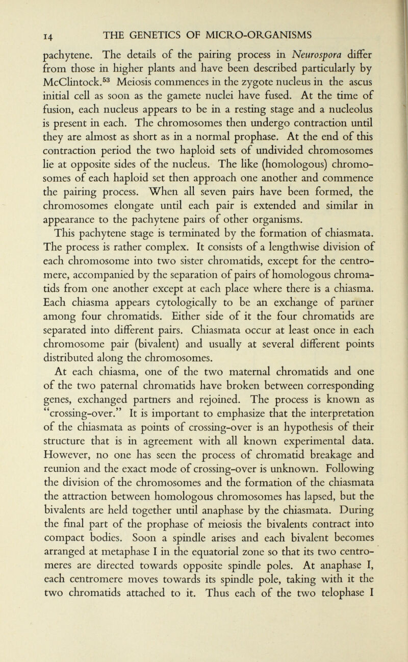 THE GENETICS OF MICRO-ORGANISMS pachytene. The details of the pairing process in Neurospora differ from those in higher plants and have been described particularly by McClintock.^^ Meiosis commences in the zygote nucleus in the ascus initial cell as soon as the gamete nuclei have fused. At the time of fusion, each nucleus appears to be in a resting stage and a nucleolus is present in each. The chromosomes then undergo contraction until they are almost as short as in a normal prophase. At the end of this contraction period the two haploid sets of undivided chromosomes lie at opposite sides of the nucleus. The like (homologous) chromo¬ somes of each haploid set then approach one another and commence the pairing process. When all seven pairs have been formed, the chromosomes elongate until each pair is extended and similar in appearance to the pachytene pairs of other organisms. This pachytene stage is terminated by the formation of chiasmata. The process is rather complex. It consists of a lengthwise division of each chromosome into two sister chromatids, except for the centro¬ mere, accompanied by the separation of pairs of homologous chroma¬ tids from one another except at each place where there is a chiasma. Each chiasma appears cytologically to be an exchange of partner among four chromatids. Either side of it the four chromatids are separated into different pairs. Chiasmata occur at least once in each chromosome pair (bivalent) and usually at several different points distributed along the chromosomes. At each chiasma, one of the two maternal chromatids and one of the two paternal chromatids have broken between corresponding genes, exchanged partners and rejoined. The process is known as crossing-over. It is important to emphasize that the interpretation of the chiasmata as points of crossing-over is an hypothesis of their structure that is in agreement with all known experimental data. However, no one has seen the process of chromatid breakage and reunion and the exact mode of crossing-over is unknown. Following the division of the chromosomes and the formation of the chiasmata the attraction between homologous chromosomes has lapsed, but the bivalents are held together until anaphase by the chiasmata. During the final part of the prophase of meiosis the bivalents contract into compact bodies. Soon a spindle arises and each bivalent becomes arranged at metaphase I in the equatorial zone so that its two centro¬ meres are directed towards opposite spindle poles. At anaphase I, each centromere moves towards its spindle pole, taking with it the two chromatids attached to it. Thus each of the two telophase I
