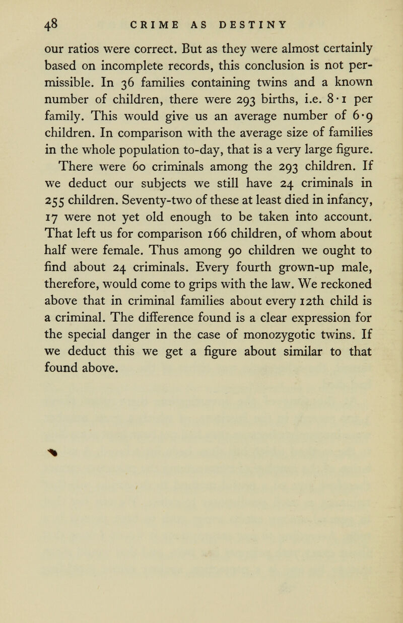 48 CRIME AS DESTINY our ratios were correct. But as they were almost certainly based on incomplete records, this conclusion is not per¬ missible. In 36 families containing twins and a known number of children, there were 293 births, i.e. 8'i per family. This would give us an average number of 6*9 children. In comparison with the average size of families in the whole population to-day, that is a very large figure. There were 60 criminals among the 293 children. If we deduct our subjects we still have 24 criminals in 255 children. Seventy-two of these at least died in infancy, 17 were not yet old enough to be taken into account. That left us for comparison 166 children, of whom about half were female. Thus among 90 children we ought to find about 24 criminals. Every fourth grown-up male, therefore, would come to grips with the law. We reckoned above that in criminal families about every 12th child is a criminal. The difference found is a clear expression for the special danger in the case of monozygotic twins. If we deduct this we get a figure about similar to that found above.