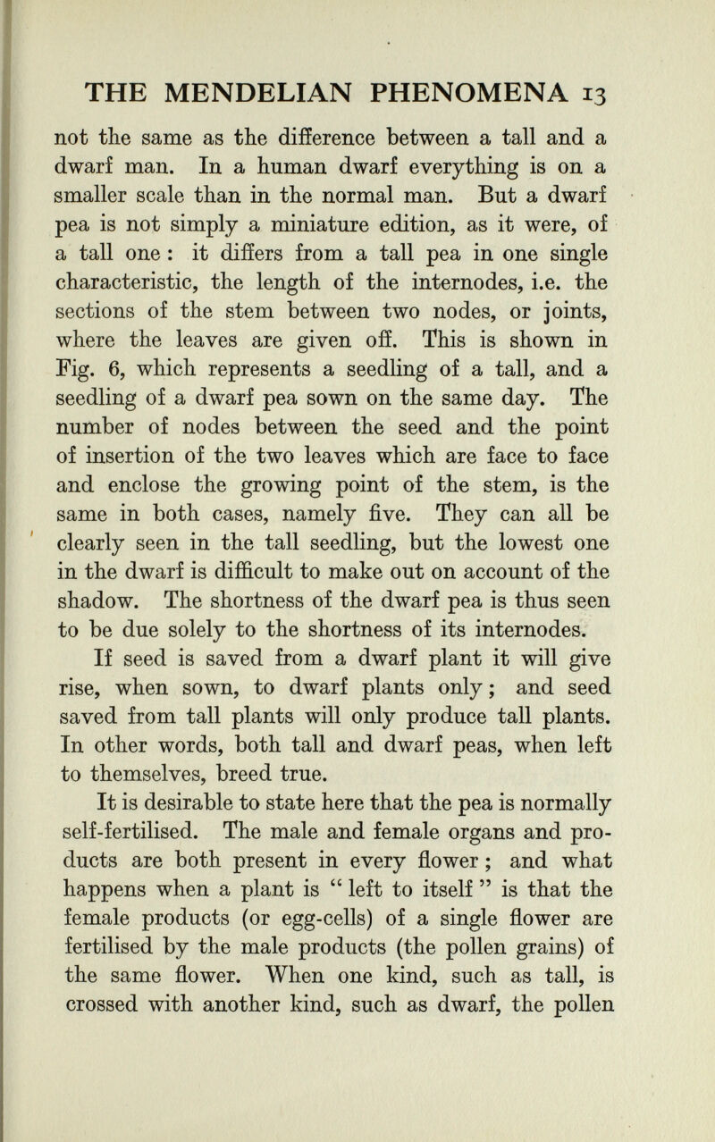 THE MENDELIAN PHENOMENA 13 not the same as the difference between a tall and a dwarf man. In a human dwarf everything is on a smaller scale than in the normal man. But a dwarf pea is not simply a miniature edition, as it were, of a tall one : it differs from a tall pea in one single characteristic, the length of the internodes, i.e. the sections of the stem between two nodes, or joints, where the leaves are given off. This is shown in Fig. 6, which represents a seedling of a tall, and a seedling of a dwarf pea sown on the same day. The number of nodes between the seed and the point of insertion of the two leaves which are face to face and enclose the growing point of the stem, is the same in both cases, namely five. They can all be clearly seen in the tall seedling, but the lowest one in the dwarf is difficult to make out on account of the shadow. The shortness of the dwarf pea is thus seen to be due solely to the shortness of its internodes. If seed is saved from a dwarf plant it will give rise, when sown, to dwarf plants only ; and seed saved from tall plants will only produce tall plants. In other words, both tall and dwarf peas, when left to themselves, breed true. It is desirable to state here that the pea is normally self-fertilised. The male and female organs and pro¬ ducts are both present in every flower ; and what happens when a plant is  left to itself  is that the female products (or egg-cells) of a single flower are fertilised by the male products (the pollen grains) of the same flower. When one kind, such as tall, is crossed with another kind, such as dwarf, the pollen