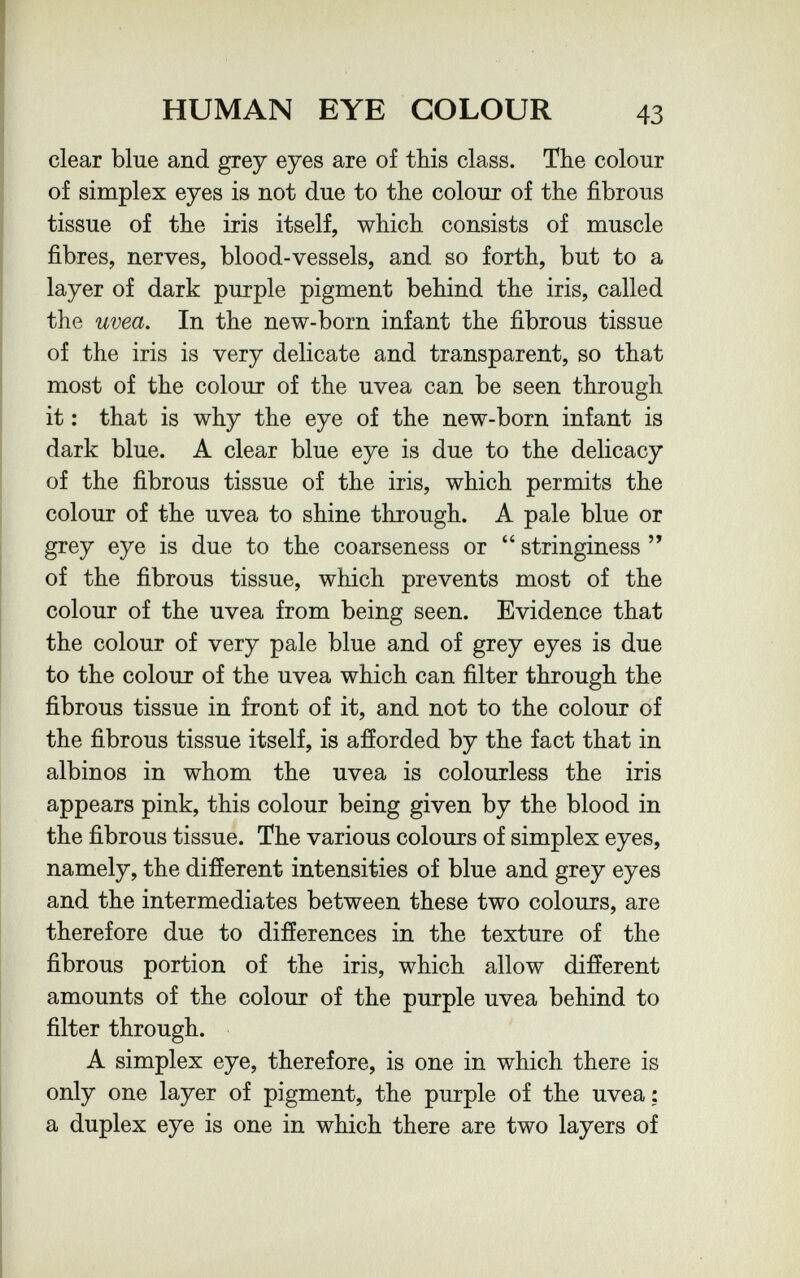 HUMAN EYE COLOUR 43 clear blue and grey eyes are of this class. The colour of simplex eyes is not due to the colour of the fibrous tissue of the iris itself, which consists of muscle fibres, nerves, blood-vessels, and so forth, but to a layer of dark purple pigment behind the iris, called the uvea. In the new-born infant the fibrous tissue of the iris is very delicate and transparent, so that most of the colour of the uvea can be seen through it : that is why the eye of the new-born infant is dark blue. A clear blue eye is due to the delicacy of the fibrous tissue of the iris, which permits the colour of the uvea to shine through. A pale blue or grey eye is due to the coarseness or  stringiness  of the fibrous tissue, which prevents most of the colour of the uvea from being seen. Evidence that the colour of very pale blue and of grey eyes is due to the colour of the uvea which can filter through the fibrous tissue in front of it, and not to the colour of the fibrous tissue itself, is afiorded by the fact that in albinos in whom the uvea is colourless the iris appears pink, this colour being given by the blood in the fibrous tissue. The various colours of simplex eyes, namely, the difíerent intensities of blue and grey eyes and the intermediates between these two colours, are therefore due to differences in the texture of the fibrous portion of the iris, which allow difíerent amounts of the colour of the purple uvea behind to filter through. A simplex eye, therefore, is one in which there is only one layer of pigment, the purple of the uvea : a duplex eye is one in which there are two layers of