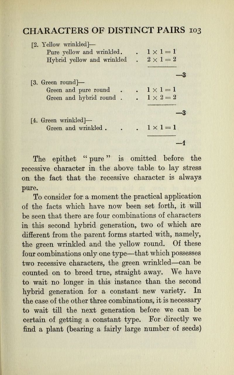 CHARACTERS OF DISTINCT PAIRS 103 [2. Yellow wrinkled]— Pure yellow and wrinkled. . 1x1 = 1 Hybrid yellow and wrinkled . 2x1 = 2 —3 [3. Green round]— Green and pure round Green and hybrid round . 1x1 = 1 1X2 = 2 —3 [4. Green wrinkled]— Green and wrinkled . 1x1 = 1 —1 The epithet  pure  is omitted before the recessive character in the above table to lay stress on the fact that the recessive character is always pure. To consider for a moment the practical application of the facts which have now been set forth, it will be seen that there are four combinations of characters in this second hybrid generation, two of which are different from the parent forms started with, namely, the green wrinkled and the yellow round. Of these four combinations only one type—that which possesses two recessive characters, the green wrinkled—can be counted on to breed true, straight away. We have to wait no longer in this instance than the second hybrid generation for a constant new variety. In the case of the other three combinations, it is necessary to wait till the next generation before we can be certain of getting a constant type. For directly we find a plant (bearing a fairly large number of seeds)