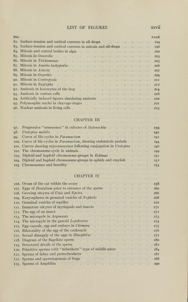 LIST OF FIGURES xxvii FIG. PAGE 82. Surface-tension and cortical currents in oil-drops 194 83. Surface-tension and cortical currents in mitosis and oil-drops . . . . 196 84. Mitosis and central bodies in algae 200 85. Mitosis in Oxnerella 203 86. Mitosis in Trichomonas 205 87. Mitosis in Amœba tachypodia . .  206 88. Mitosis in Л . .  207 89. Mitosis in Oxyrrhis 209 90. Mitosis in .   . . . . 211 91. Mitosis in Eiiglypha   212 92. Amitosis in leucocytes of the frog .   214 93. Amitosis in various cells 216 94. Artificially induced figures simulating amitosis ....... 220 95. Polymorphic nuclei in cleavage-stages .  221 96. Nuclear amitosis in living cells  223 CHAPTER ITI 97. Progressive  senescence  in cultures of 5/y/owycÂîa 239 98. Uroleptus mobilis 240 99. Curve of life-cycles in Paramœcium 241 100. Curve of life-cycles in Paramœcium, showing endomictic periods . . . 244 ICI. Curves showing rejuvenescence following conjugation in . . . 246 102. The chromosome-cycle in animals  . 249 103. Diploid and haploid chromosome-groups in Echinus 251 104. Diploid and haploid chromosome-groups in aphids and crayfish . . .. 252 105. Chromosomes and heredity 253 CHAPTER IV 106. Ovimi of the cat within the ovary 258 107. Eggs of Dentaliiim prior to entrance of the sperm . ■. . . . . 260 108. Growing oocytes of Unie and Epeira  . . 266 109. Karyospheres in germinal vesicles of Nephelis  268 no. Germinal vesicles of reptiles  270 111. Immature oocytes of myriapods and insects . . . . . . . 271 112. The egg of an insect  . 272 113. The micropyle in Argonauta  . 273 114. The micropyle in the ganoid 274 115. Egg-capsule, egg and embryo in Chimera . . . . . . . . 275 116. Bilaterality of the egg of the cockroach  . 276 117. Sexual dimegaly of the eggs in Dinophikis  . . 277 118. Diagram of the flagellate sperm  280 119. Structural details of the sperm 282 120. Primitive sperms with nebenkern type of middle-piece .... 284 121. Sperms of fishes and protochrodates  287 122. Sperms and spermiogenesis of frogs 288 123. Sperms of Amphibia  290