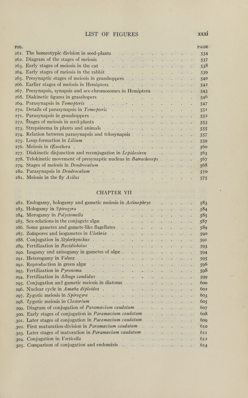 LIST OF FIGURES xxxi FIG. PAGE 261. The homeotypic division in seed-plants . . . . . . . . 534 262. Diagram of the stages of meiosis . . . . . . . . . 537 263. Early stages of meiosis in the cat  538 264. Early stages of meiosis in the rabbit  . . 539 265. Presynaptic stages of meiosis in grasshoppers  . 540 266. Earlier stages of meiosis in Hemiptera . . . . . . . . . 542 267. Presynapsis, synapsis and sex-chromosomes in Hemiptera . . . . 543 268. Diakinetic figures in grasshopers 546 269. Parasynapsis in Tomopteris . . . . • 547 270. Details of parasynapsis in Tomopteris 551 271. Parasynapsis in grasshoppers  552 272. Stages of meiosis in seed-plants 553 273. Strepsinema in plants and animals 555 274. Relation between parasynapsis and felosynapsis 557 275. Loop-formation in Lilium 559 276. Meiosis in Œnothera .  560 277. Diakinetic disjunction and reconjugation in Lcpidosiren .... 563 278. Telokinetic movement of presynaptic nucleus in Batrachoseps .... 567 279. Stages of meiosis in Dendroccelum  . 568 280. Parasynapsis in Dendrocœlum 570 281. Meiosis in the fly Л  575 CHAPTER VII 282. Endogamy, hologamy and gametic meiosis in Actinophrys .... 583 283. Hologamy in Spirogyra 584 284. Merogamy in Polystomella .  585 285. Sex-relations in the conjugate algae  587 286. Some gametes and gamete-like flagellates 589 287. Zoospores and isogametes in Ulothrix  590 288. Conjugation in Stylorhynchus . . . .  591 289. Fertilization in Basidiobolus  593 290. Isogamy and anisogamy in gametes of algae . . . . . ... 594 291. Heterogamy in Volvox 595 292. Reproduction in green algae  . 596 293. Fertilization in Pyronema 598 294. Fertilization in Albugo Candidus . . . . . . . . . . 599 295. Conjugation and gametic meiosis in diatoms 600 296. Nuclear cycle in Amœba diploidea 602 297. Zygotic meiosis in Spirogyra  603 298. Zygotic meiosis in Closterium 605 299. Diagram of conjugation of Paramcecium caudatum 607 300. Early stages of conjugation in Paramcecium caudatum . . . . 608 301. Later stages of conjugation in Paramcecium caudatum 609 302. First maturation-division in Paramecium caudatum 610 303. Later stages of maturation in Paramcecium caudatum 611 304. Conjugation in Vorticella  612 305. Comparison of conjugation and endomixis  . 614