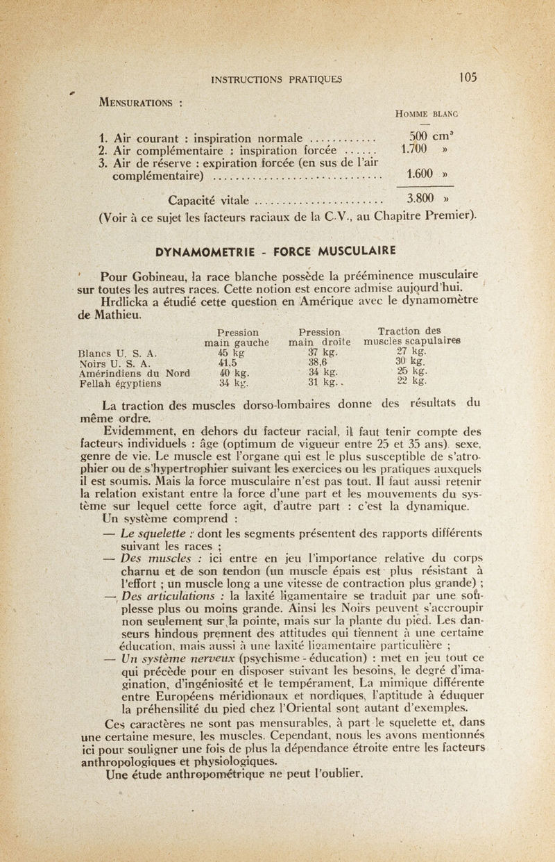 INSTRUCTIONS PRATIQUES 105 Mensurations ; Homme blanc 1. Air courant : inspiration normale  500 cm® 2. Air complémentaire : inspiration forcée  1.700 » 3. Air de réserve : expiration forcée (en sus de l'air complémentaire)  1,600 » Capacité vitale  3.800 » (Voir à ce sujet les facteurs raciaux de la C-V., au Chapitre Premier). DYNAMOMETRIE - FORCE MUSCULAIRE ' Pour Gobineau, la race blanche possède la prééminence musculaire sur toutes les autres races. Cette notion est encore admise aujourd'hui. Hrdlicka a étudié cette question en Amérique avec le dynamomètre de Mathieu. Pression Pression Traction des main gauche main droite muscles scapulairee Blancs U. S. A. 45 kg 37 kg. 27 kg. Noirs U. S. A. 41,5 38,6 30 kg. Amérindiens du Nord 40 kg. 34 kg. 25 kg. Fellah égyptiens 34 kg. 31 kg. - 22 kg. La traction des muscles dorso-lombaires donne des résultats du même ordre. Evidemment, en dehors du facteur racial, il faut tenir compte des facteurs individuels : âge (optimum de vigueur entre 25 et 35 ans), sexe, genre de vie. Le muscle est l'organe qui est le plus susceptible de s'atro¬ phier ou de s'hypertrophier suivant les exercices ou les pratiques auxquels il est soumis. Mais la force musculaire n'est pas tout. Il faut aussi retenir la relation existant entre la force d'une part et les mouvements du sys¬ tème sur lequel cette force agit, d'autre part : c'est la dynamique. Un système comprend : — Le squelette y dont les segments présentent des rapports différents suivant les races ; — Des muscles : ici entre en jeu l'importance relative du corps charnu et de son tendon (un muscle épais est plus résistant à l'effort ; un muscle long a une vitesse de contraction plus grande) ; —, Des articulations : la laxité ligamentaire se traduit par une sou¬ plesse plus ou moins grande. Ainsi les Noirs peuvent s'accroupir non seulement sur, la pointe, mais sur la plante du pied. Les dan¬ seurs hindous prennent des attitudes qui tiennent à une certaine éducation, mais aussi à une laxité lioamentaire particulière ; — Un système nerveux (psychisme - éducation) : met en jeu tout ce qui précède pour en disposer suivant les besoins, le degré d'ima¬ gination, d'ingéniosité et le tempérament. La mimique différente entre Européens méridionaux et nordiques, l'aptitude à éduquer la préhensilité du pied chez l'Oriental sont autant d'exemples. Ces caractères ne sont pas mensurables, à part le squelette et, dans une certaine mesure, les muscles. Cependant, nous les avons mentionnés ici pour souligner une fois de plus la dépendance étroite entre les facteurs anthropologiques et physiologiques. Unç étude anthropométrique ne peut l'oublier.