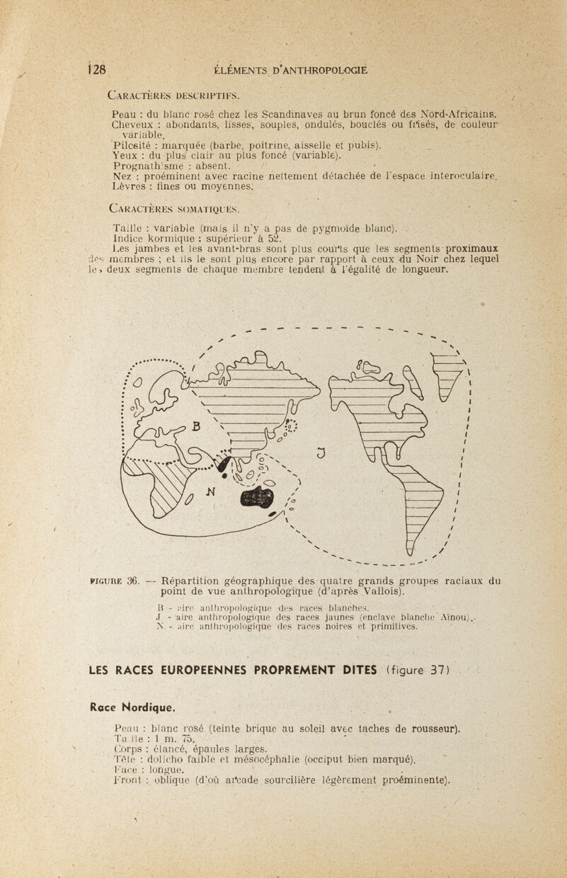 Ì28 ÉLÉMENTS D'anthropologie Caractèrks descriptifs. Peau : du blanc ro&é chez les Scandinaves au brun foncé des Nord-Africains. Cheveux : abondants, lisses, souples, ondulés, bouclés ou fi'isés, de couleur- variable. Pilceité : marquée (barbe, poitrine, aisselle et pubis). Yeux : du plus clair au plus foncé (variable). ■ Prognathisme ; absent. Nez : proéminent avec racine nettement détachée de l'espace interoculaire. Lèvres : fines ou moyennes. Caractères somatiques. • . Taille : variable (ffiais il n'y a pas de pygmoïde blanc). * ! ■ Indice kormique : supérieur à 52. . Les jambes et les avant-bras sont plus cou'i'ts que les segments proximaux dps membres ; et ils le sont plus encore par rapport à ceux -du Noir chez lequel le> deux segments de chaque membre tendenit à l'égalité de longueur. FIGURE 36. — Répartition géographique des quatre grands groupes raciaux du point de vue anthropologique (d'après Vallois). В - ;úro mithropologiquo des races blanches. J - aire anthropologique des races jaunes (enclave blanche'Aïnou).^ N - idre anthropologique des races noires ot primitives. LES RACES EUROPEENNES PROPREMENT DITES (figure 37) Roce Nordique. Peau : blanc rosé (teinte brique au soleil avec taches de rousseur). Га Ile : 1 m. 75. Corps : élancé, épaules larges. Tftlo : dolicho faible el mésooéphalie (occiput bien marqué). Face : longue. . Front : oblique (d'où ai^cade sourcilière légèrement proéminente).