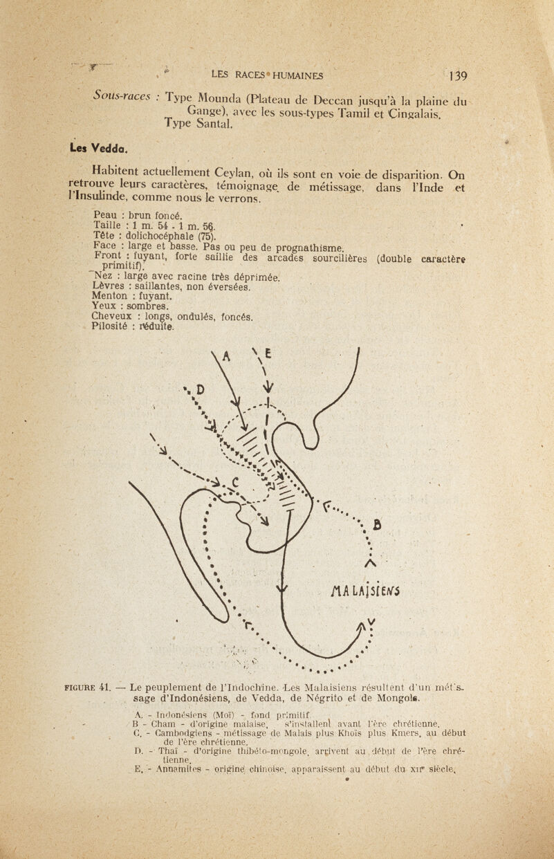 LES RACES'^ HUMAINES \Ì9 Sous-races : Type Mounda (Plateau de Deccan jusqu'à la plaine du Gange), avec les sous-types Tamil et Cingalais. Type Santal. Les Vedda. Habitent actuellement Ceylan, où ils sont en voie de disparition. On retrouve leurs caractères, témoignage, de métissage, dans l'Inde et rinsulinde, comme nous le verrons. Peau : brun foncé. Taille : 1 m. 54 - 1 m. 5§. Tête : dolichocéphale (75). Face : large et basse. Pas ou peu de prognathisme. Front : fuyant, forte saillie des arcades sourcilières (double caractère primitif); Nez : large avec racine très déprimée. Lèvres : saillantes, non éversées. Menton ; fuyant. Yeux ; sombres. Cheveux : longs, ondulés, foncés. Pilosité : iiéduite. FIGURE 41. — Le peuplement de l'IndocWine. «Les Malaisiens j-ésultent d'un niét s. sage d'Indonésiens, de Vedda, de Négrito et de Mongole. Л. - Tnd.onésions (Moï) - fond primitif. В - Cham - d'origine malaise, s'installent avant l'èro chrétienne. G - Cambodgiens - métissage de Malais plus Klioïs plus Kmers. au début de l'ère chrétienne. П - Thaï - d'origine thibélo-mongole, arrivent au.déhpt de l'ère chré¬ tienne. E, - Annamites - originíí chinoise, apparaissent au début du xii® siècle. • •. •