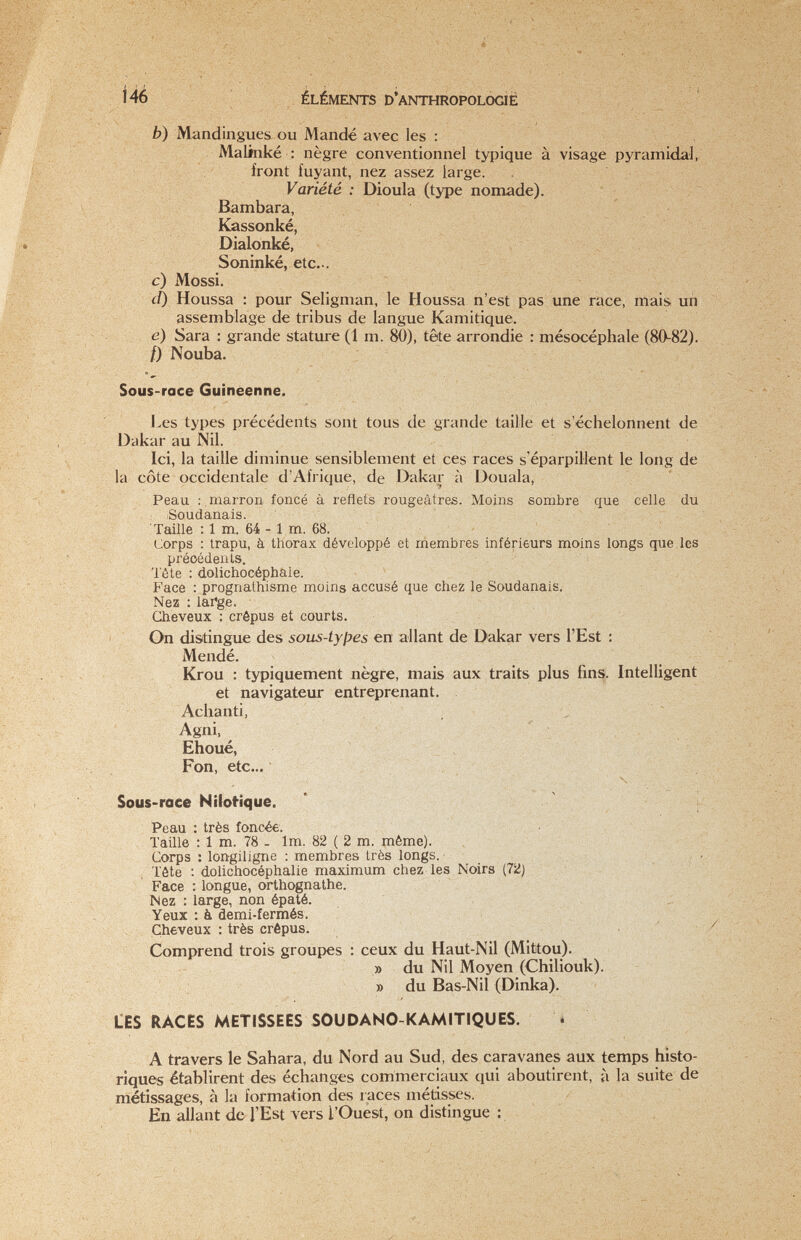 í 46 ÉLÉMENTS D'ANTHROPOLOQE b) Mandingues ou Mandé avec Ies : Malhiké : nègre conventionnel typique à visage pyramidal, front fuyant, nez assez large. Variété : Dioula (type nomade). Bambara, Kassonké, Dialonké, Soninké, etc... c) Mossi. d) Houssa : pour Seligman, le Houssa n'est pas une race, mais un assemblage de tribus de langue Kamitique. e) Sara : grande stature (1 m. 80), tête arrondie : mésocéphale (80^82). /) Nouba. Sous-race Guinëenne. i.es types précédents sont tous de grande taille et s'échelonnent de Dakar au Nil. Ici, la taille diminue sensiblement et ces races s'éparpillent le long de la côte occidentale d'Afrique, de Dakar à Douala, Peau ; , marron foncé à reflets rougeâtres. Moins sombre que celle du Soudanais. Taille ; 1 m. 64 - 1 m. 68. Corps : trapu, à thorax développé et membres inférieurs moins longs que les précédents. Tête : dolichocéphàie. Face : prognathisme moins accusé que chez le Soudanais. Nez : lai'ge. Cheveux : crépus et courts. On disitingue des sous-types en allant de Dakar vers l'Est : Mendé. Krou : typiquement nègre, mais aux traits plus fins. Intelligent et navigateur entreprenant. Achanti, Agni, ' • Ehoué, Fon, etc... Sous-race Nilotique. ' . ' :i.: ^ Peau : très foncée. Taille : 1 m. 78 - Im. 82 ( 2 m. même). : - ^ Corps : longiligne : membres très longs. . ; Tête ; dolichocéphalie maximum chez les Noirs (72) ' , ' ' Face : longue, orthognathe. Nez : large, non épaté. , j Yeux ; à demi-fermés. Cheveux : très crépus. ' / Comprend trois groupes : ceux du Haut-Nil (Mittou). » du Nil Moyen (Chiliouk). » du Bas-Nil (Dinka). liES RACES METISSEES SOUDANO-KAMITIQUES. * A travers le Sahara, du Nord au Sud, des caravanes aux temps histo¬ riques établirent des échanges commerciaux qui aboutirent, à la suite de métissages, à la formation des races lïiétisses. En allant de l'Est vers l'Ouest, on distingue :
