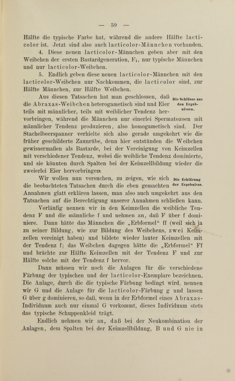 — 59 — Hälfte die typische Farbe hat, während die andere Hälfte la с ti- color ist. Jetzt sind also auch lacticolor-Männchen vorhanden. 4. Diese neuen lacticolor-Männchen geben aber mit den Weibchen der ersten Bastardgeneration, Fi, nur typische Männchen und nur lacticolor-Weibchen. 5. Endlich geben diese neuen lacticolor-Männchen mit den lacticolor-Weibchen nur Nachkommen, die lacti color sind, zur Hälfte Männchen, zur Hälfte Weibchen. Aus diesen Tatsachen hat man geschlossen, daß ^¡е Schlüsse aus die Abraxas-Weibchen heterogametisch sind und Eier den Ergeb- teils mit männlicher, teils mit weiblicher Tendenz her- vorbringen, während die Männchen nur einerlei Spermatozoen mit männlicher Tendenz produzieren, also homogametisch sind. Der Stachelbeerspanner verhielte sich also gerade umgekehrt wie die früher geschilderte Zaunrübe, denn hier entstünden die Weibchen gewissermaßen als Bastarde, bei der Vereinigung von Keimzellen mit verschiedener Tendenz, wobei die weibliche Tendenz dominierte, und sie könnten durch Spalten bei der Keimzellbildung \vieder die zweierlei Eier hervorbringen*. Wir wollen nun versuchen, zu zeigen, wie sich Die Erklärung die beobachteten Tatsachen durch die eben gemachten Ergebnisse. Annahmen glatt erklären lassen, man also auch umgekehrt aus den Tatsachen auf die Berechtigung unserer Annahmen schließen kann. Vorläufig nennen wir in den Keimzellen die weibliche Ten¬ denz F und die männliche f und nehmen an, daß F über f domi¬ niere. Dann hätte das Männchen die „Erbformel ff (weil sich ja zu seiner Bildung, wie zur Bildung des Weibchens, zwei Keim¬ zellen vereinigt haben) und bildete wieder lauter Keimzellen mit der Tendenz f; das Weibchen dagegen hätte die „Erbformel Ff und brächte zur Hälfte Keimzellen mit der Tendenz F und zur Hälfte solche mit der Tendenz f hervor. Dann müssen wir noch die Anlagen für die verschiedene Färbung der typischen und der lacticolor-Exemplare bezeichnen. Die Anlage, durch die die typische Färbung bedingt wird, nennen wir Gr und die Anlage für die lacti colo r-Färbung g und lassen G über g dominieren, so daß, wenn in der Erbformel eines Abraxas- Individuum auch nur einmal G vorkommt, dieses Individuum stets das typische Schuppenkleid trägt. Endlich nehmen wir an, daß bei der Neukombination der Anlagen, dem Spalten bei der Keimzellbildung, В und G nie in