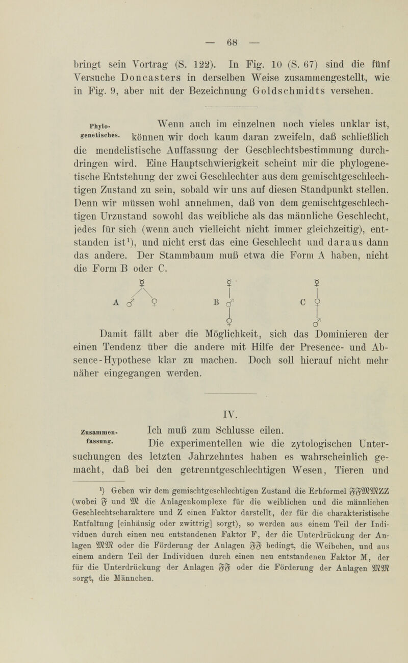 — 68 — bringt sein Vortrag- (S. 122). In Fig-. 10 (S. 67) sind die fünf Versuche Doncasters in derselben Weise zusammengestellt, wie in Fig. 9, aber mit der Bezeichnung Goldschmidts versehen. phyio- Wenn auch im einzelnen noch vieles unklar ist, genetisches, könueu wir doch kaum daran zweifeln, daß schließlich die mendelistische Auffassung der Geschlechtsbestimmung durch¬ dringen wird. Eine Hauptschwierigkeit scheint mir die phylogene¬ tische Entstehung der zwei Geschlechter aus dem gemischtgeschlech- tigen Zustand zu sein, sobald wir uns auf diesen Standpunkt stellen. Denn wir müssen wohl annehmen, daß von dem gemischtgeschlech- tigen Urzustand sowohl das weibliche als das männliche Geschlecht, jedes für sich (wenn auch vielleicht nicht immer gleichzeitig), ent¬ standen ist^), und nicht erst das eine Geschlecht und daraus dann das andere. Der Stammbaum muß etwa die Form A haben, nicht die Form В oder C. 5 $ 2 //\ i i А cT 9 В cf С $ i ^ Damit fällt aber die Möglichkeit, sich das Dominieren der einen Tendenz über die andere mit Hilfe der Presence- und Ab¬ sence-Hypothese klar zu machen. Doch soll hierauf nicht mehr näher eingegangen werden. IV. Zusammen- Ich Diuß zum Sclilusse eilen, fassnng. ]3jg experimentellen wie die zytologischen Unter¬ suchungen des letzten Jahrzehntes haben es wahrscheinlich ge¬ macht, daß bei den getrenntgeschlechtigen Wesen, Tieren und Geben wir dem gemischtgeschlechtigen Zustand die Erbformel gg'ÎDÎÏÏÎZZ (wobei ^ und sdì die Anlagenkomplexe für die weiblichen und die männlichen G-eschlechtscharaktere und Z einen Faktor darstellt, der für die charakteristische Entfaltung [einhäusig oder zwittrig] sorgt), so werden aus einem Teil der Indi¬ viduen durch einen neu entstandenen Faktor F, der die Unterdrückung der An¬ lagen SJÎSJi oder die Förderung der Anlagen 3^5 bedingt, die Weibchen, und aus einem andern Teil der Individuen durch einen neu entstandenen Faktor M, der für die Unterdrückung der Anlagen 55 oder die Förderung der Anlagen SJÌSJÌ sorgt, die Männchen.