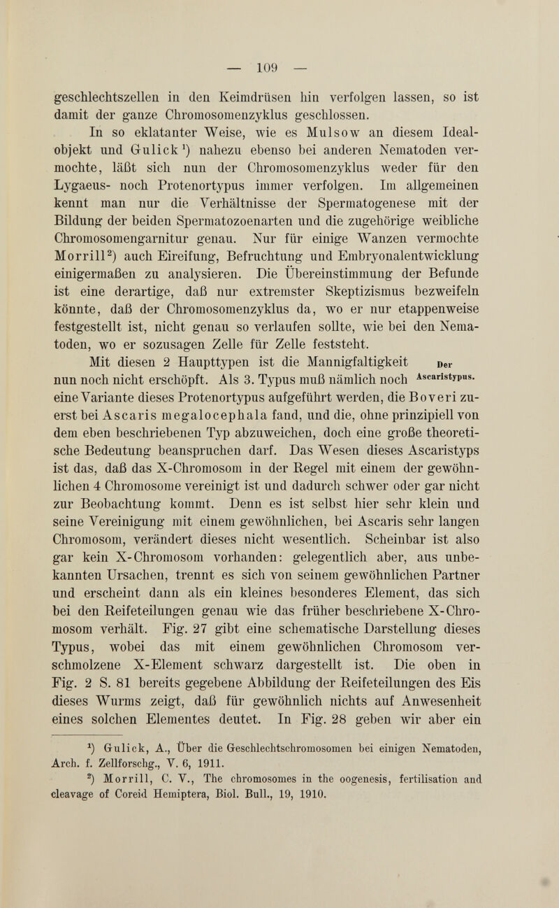 — 109 — geschlechtszellen in den Keimdrüsen hin verfolgen lassen, so ist damit der ganze Chromosomenzyklus geschlossen. In so eklatanter Weise, wie es Mulsow an diesem Ideal¬ objekt und Grulick^) nahezu ebenso bei anderen Nematoden ver¬ mochte, läßt sich nun der Chromosomenzyklus weder für den Lygaeus- noch Protenortypus immer verfolgen. Im allgemeinen kennt man nur die Verhältnisse der Spermatogenese mit der Bildung der beiden Spermatozoenarten und die zugehörige weibliche Chromosomengarnitur genau. Nur für einige Wanzen vermochte MorrilP) auch Eireifung, Befruchtung und Embryonalentwicklung einigermaßen zu analysieren. Die Übereinstimmung der Befunde ist eine derartige, daß nur extremster Skeptizismus bezweifeln könnte, daß der Chromosomenzyklus da, wo er nur etappenweise festgestellt ist, nicht genau so verlaufen sollte, wie bei den Nema¬ toden, wo er sozusagen Zelle für Zelle feststeht. Mit diesen 2 Haupttypen ist die Mannigfaltigkeit Der nun noch nicht erschöpft. Als 3. Typus muß nämlich noch Ascaristypus. eine Variante dieses Protenortypus aufgeführt werden, die В о veri zu¬ erst bei Ascaris megalocephala fand, und die, ohne prinzipiell von dem eben beschriebenen Typ abzuweichen, doch eine große theoreti¬ sche Bedeutung beanspruchen darf. Das Wesen dieses Ascaristyps ist das, daß das X-Chromosom in der Regel mit einem der gewöhn¬ lichen 4 Chromosome vereinigt ist und dadurch schwer oder gar nicht zur Beobachtung kommt. Denn es ist selbst hier sehr klein und seine Vereinigung mit einem gewöhnlichen, bei Ascaris sehr langen Chromosom, verändert dieses nicht wesentlich. Scheinbar ist also gar kein X-Chromosom vorhanden: gelegentlich aber, aus unbe¬ kannten Ursachen, trennt es sich von seinem gewöhnlichen Partner und erscheint dann als ein kleines besonderes Element, das sich bei den Reifeteilungen genau wie das früher beschriebene X-Chro¬ mosom verhält. Fig. 27 gibt eine schematische Darstellung dieses Typus, wobei das mit einem gewöhnlichen Chromosom ver¬ schmolzene X-Element schwarz dargestellt ist. Die oben in Fig. 2 S. 81 bereits gegebene Abbildung der Reifeteilungen des Eis dieses Wurms zeigt, daß für gewöhnlich nichts auf Anw^esenheit eines solchen Elementes deutet. In Fig. 28 geben wir aber ein Gulick, A., Über die Geschlechtschromosomen bei einigen Nematoden, Arch. f. Zellforschg., V. 6, 1911. ^ Morrill, С. v.. The chromosomes in the oogenesis, fertilisation and cleavage of Coreid. Hemiptera, Biol. Bull., 19, 1910.
