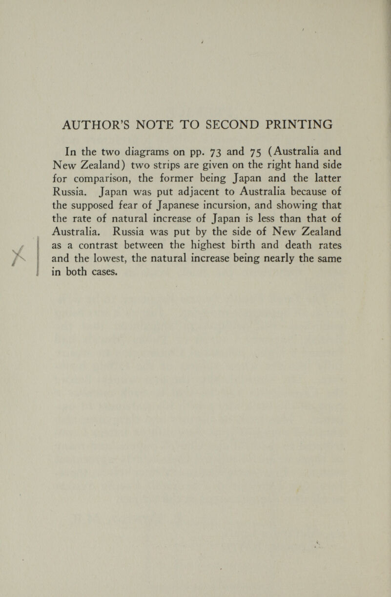 AUTHOR'S NOTE TO SECOND PRINTING In the two diagrams on pp. 73 and 75 (Australia and New Zealand) two strips are given on the right hand side for comparison, the former being Japan and the latter Russia. Japan was put adjacent to Australia because of the supposed fear of Japanese incursion, and showing that the rate of natural increase of Japan is less than that of Australia. Russia was put by the side of New Zealand as a contrast between the highest birth and death rates and the lowest, the natural increase being nearly the same in both cases.